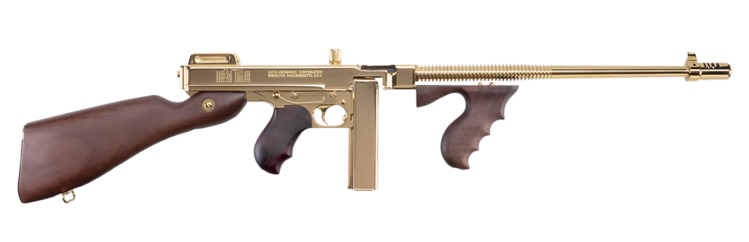Thompson T150DTG 1927A-1 Deluxe 45 ACP Caliber with 16.50" Barrel, 20+1 Capacity (Stick), 50+1 Capacity (Drum), Titanium Gold Metal Finish, American Walnut Stock Wood Grip Right Hand