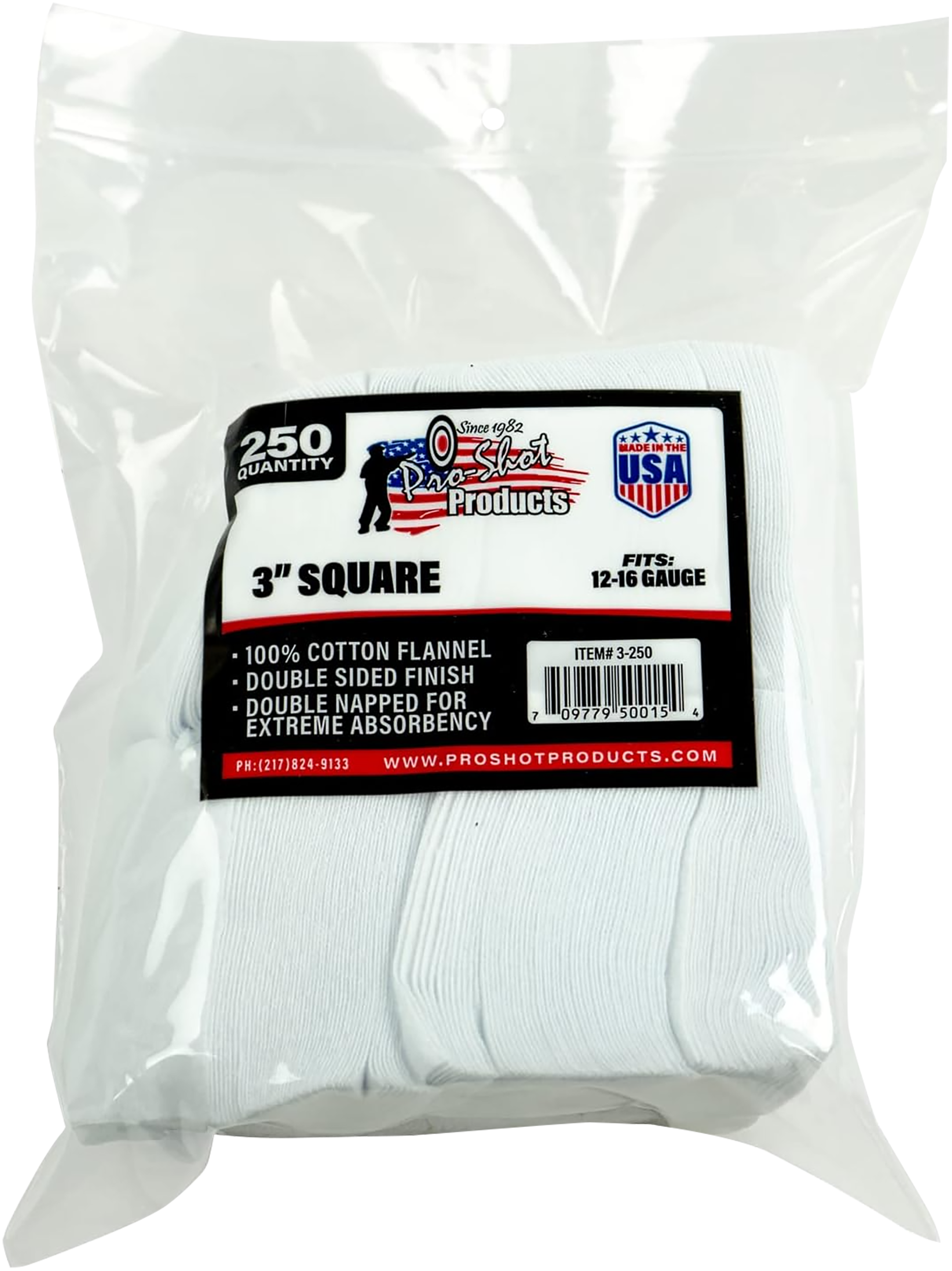Pro-Shot 3250 Cleaning Patches  12-16 Gauge 3" Square Cotton Flannel 250 Pack