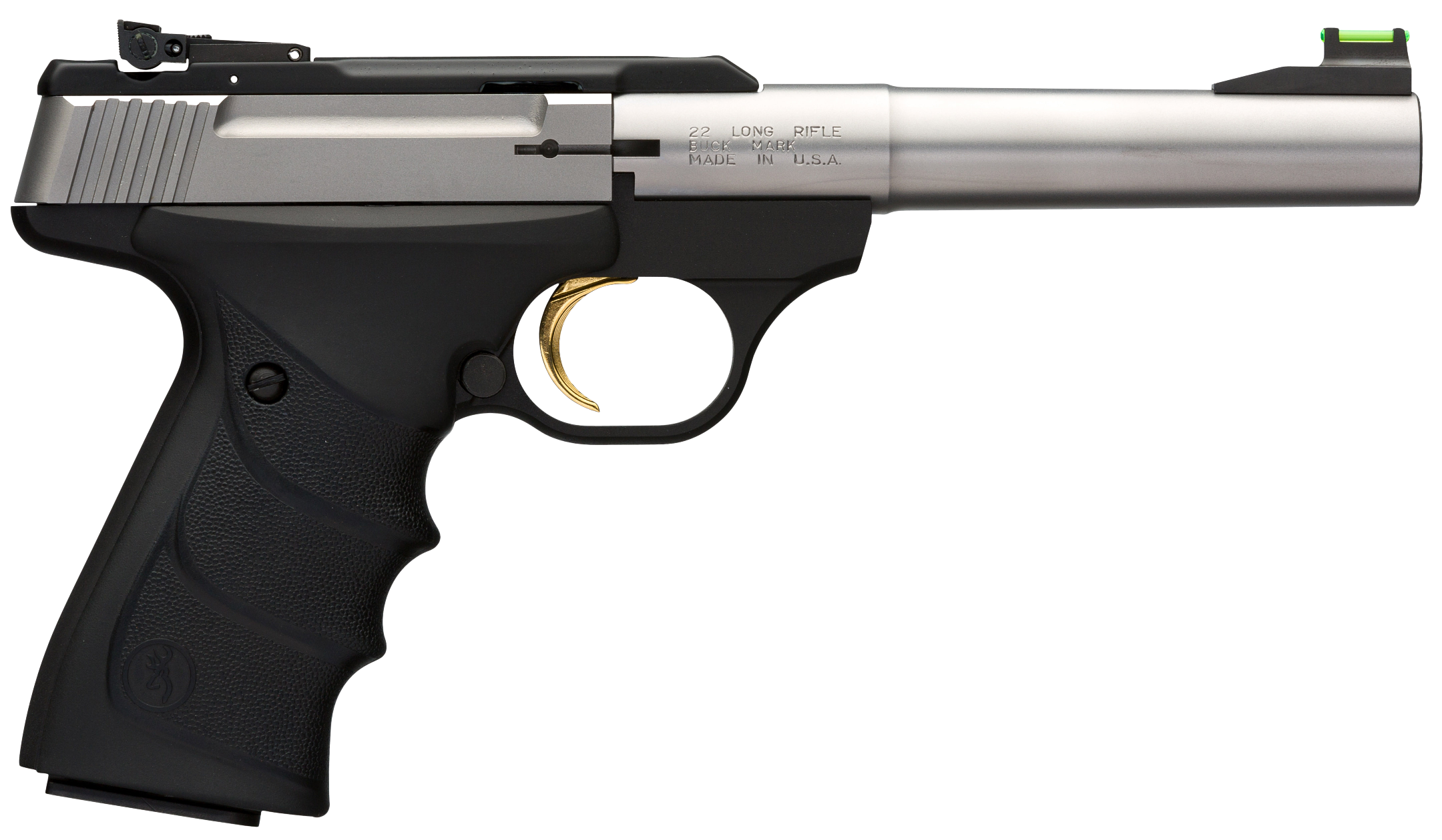 Browning 051442490 Buck Mark Camper *CA Compliant 22 LR 10+1 5.50" Taper Bull Barrel, Matte Stainless Serrated SS Slide & Aluminum Frame, Black Ultragrip RX Grips