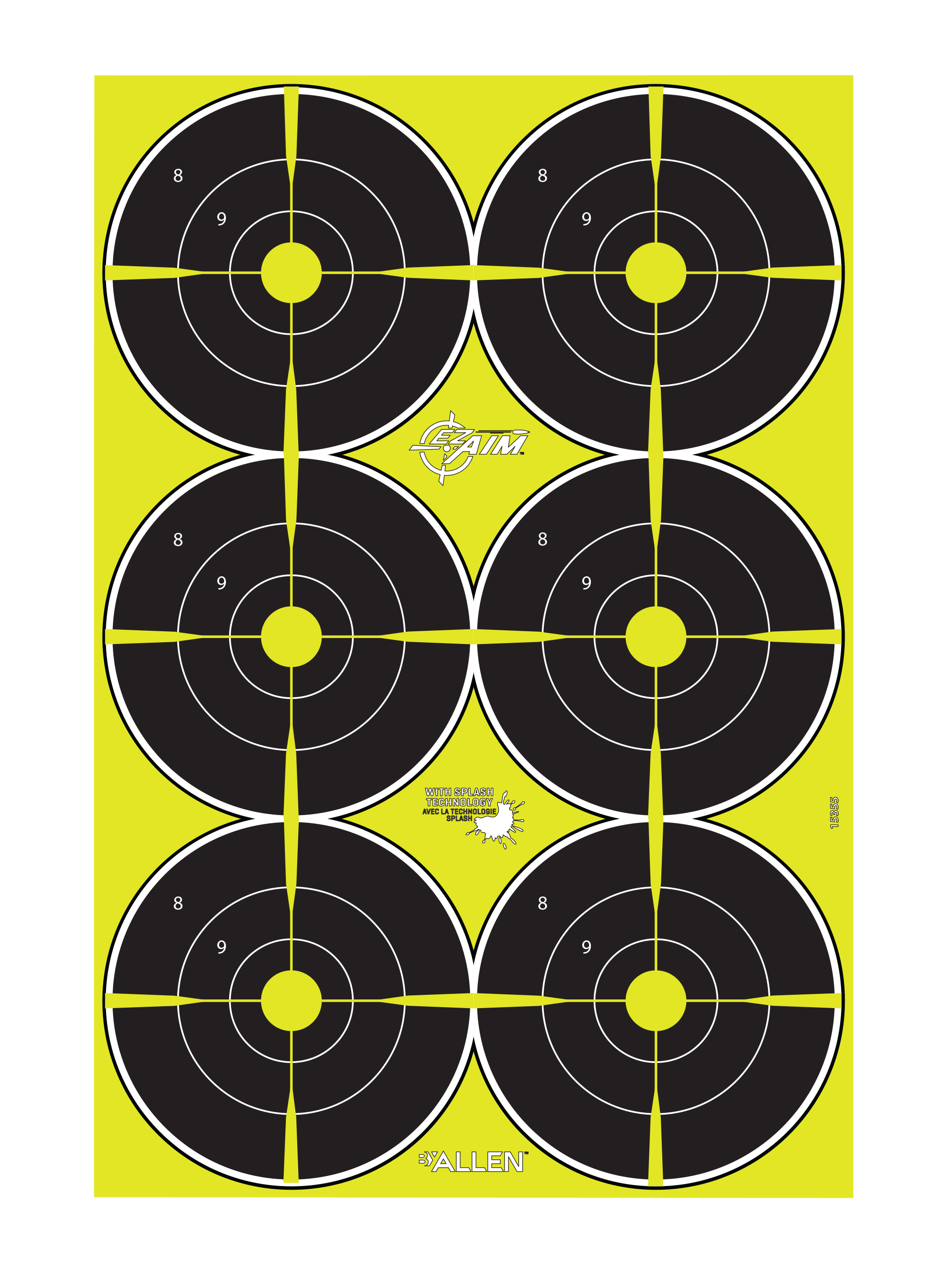 EZ-Aim 15355 Splash Reactive  Bullseye Hanging Paper 12" x 18" Black/Yellow Yellow 8 Pack