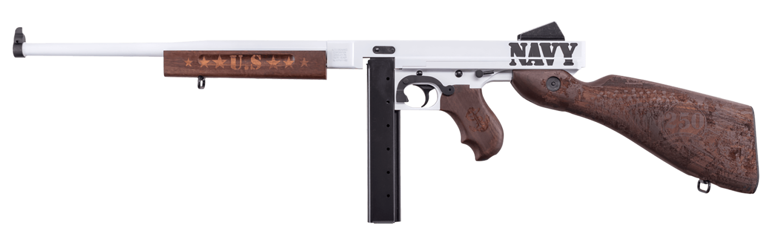 Thompson TM1C5 Navy 250th Anniversary 45 ACP 30+1 16.50" Arctic White & Savage Stainless Cerakote Arctic Steel Barrel & Receiver, Engraved Walnut Fixed Stock, Engraved Wood Grip