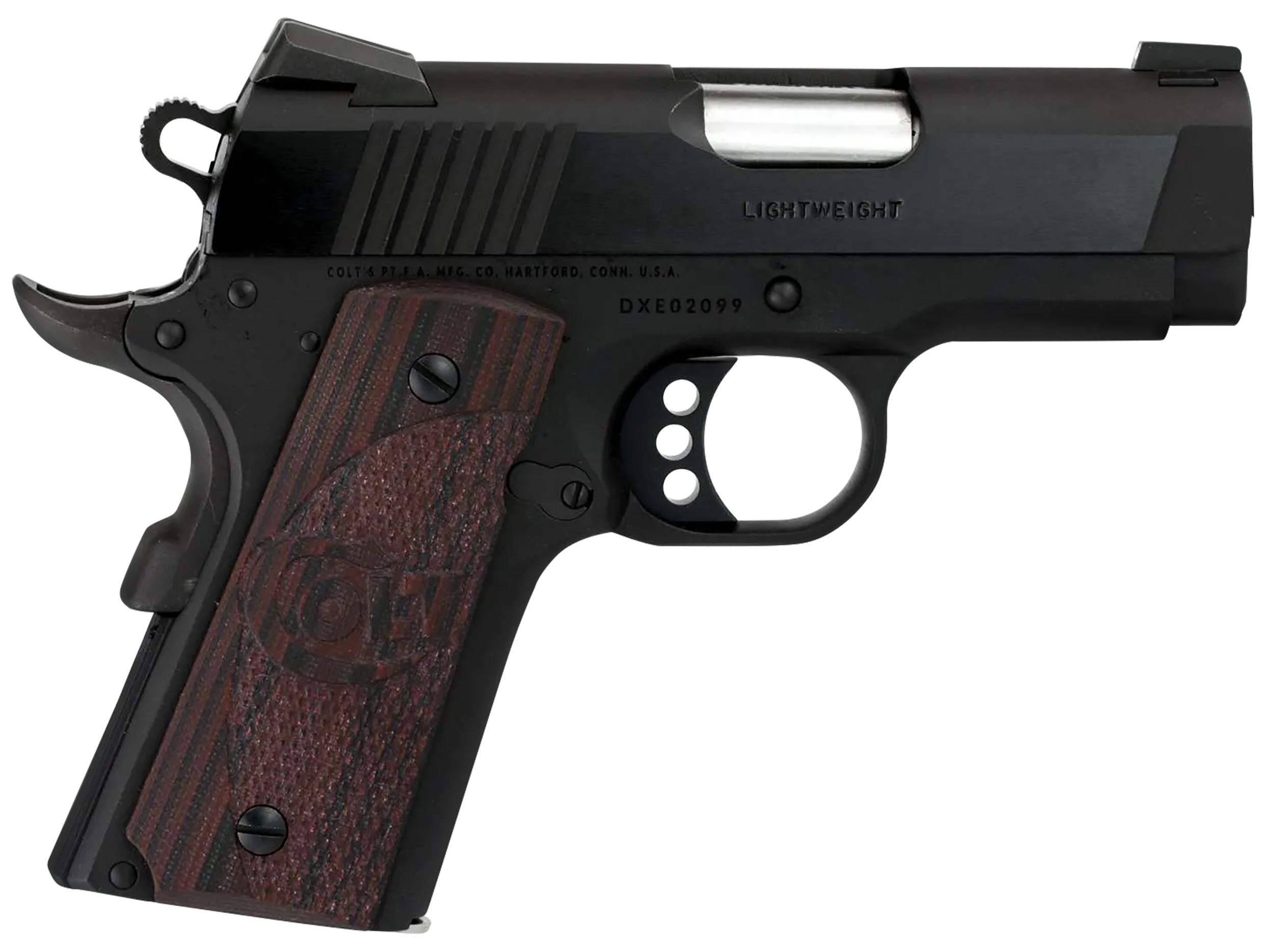 Colt Mfg O7800XE Defender  Compact 45 ACP 7+1 3" Black Steel Barrel, Blued Serrated Slide, Matte Black Cerakote Aluminum Frame w/Beavertail, Black Cherry Tactical G10 Grips, Ambidextrous