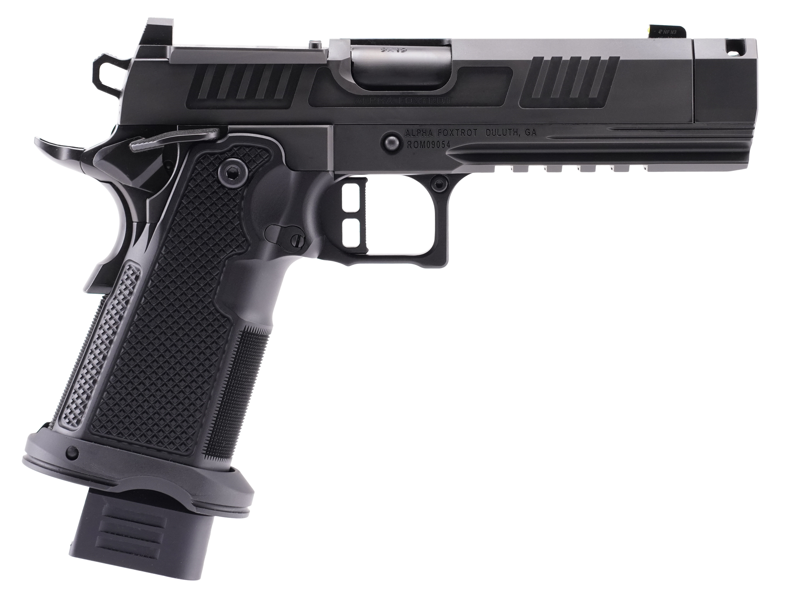 Alpha Foxtrot AA47X1CIG-XDBK19 AF1911 Romulus 9mm Luger 20+1 4.25" Black DLC Stainless Steel Threaded Compensated Barrel, Optic Ready/Serrated Slide & Frame w/Beavertail & Picatinny Rail, Aluminum Gri