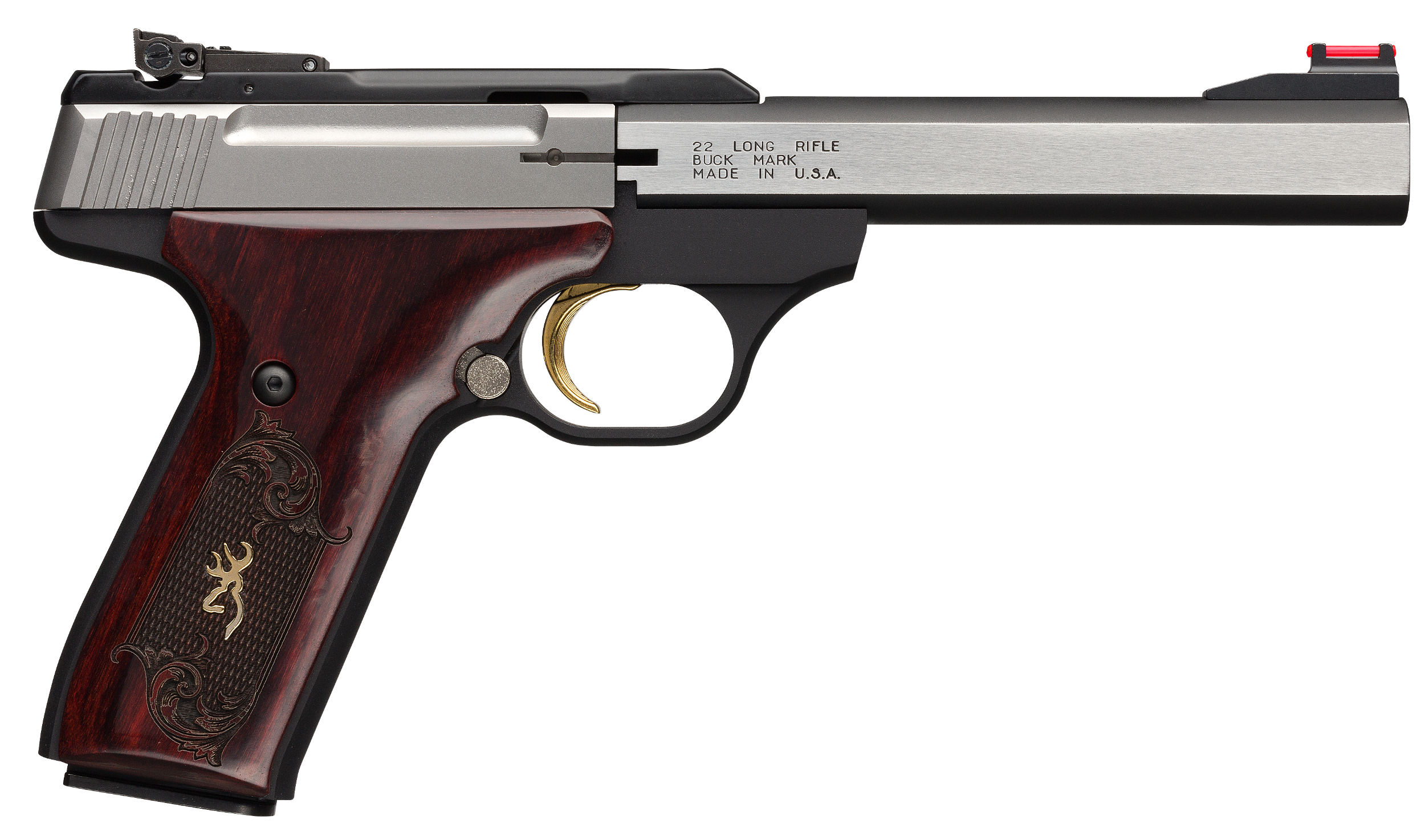 Browning 051543490 Buck Mark Medallion 22 LR 10+1 5.50" Blackened SS Slab Side Barrel, Stainless Steel Serrated SS Slide, Matte Black Aluminum Frame, Checkered Rosewood w/Gold BuckMark Inlay Grip