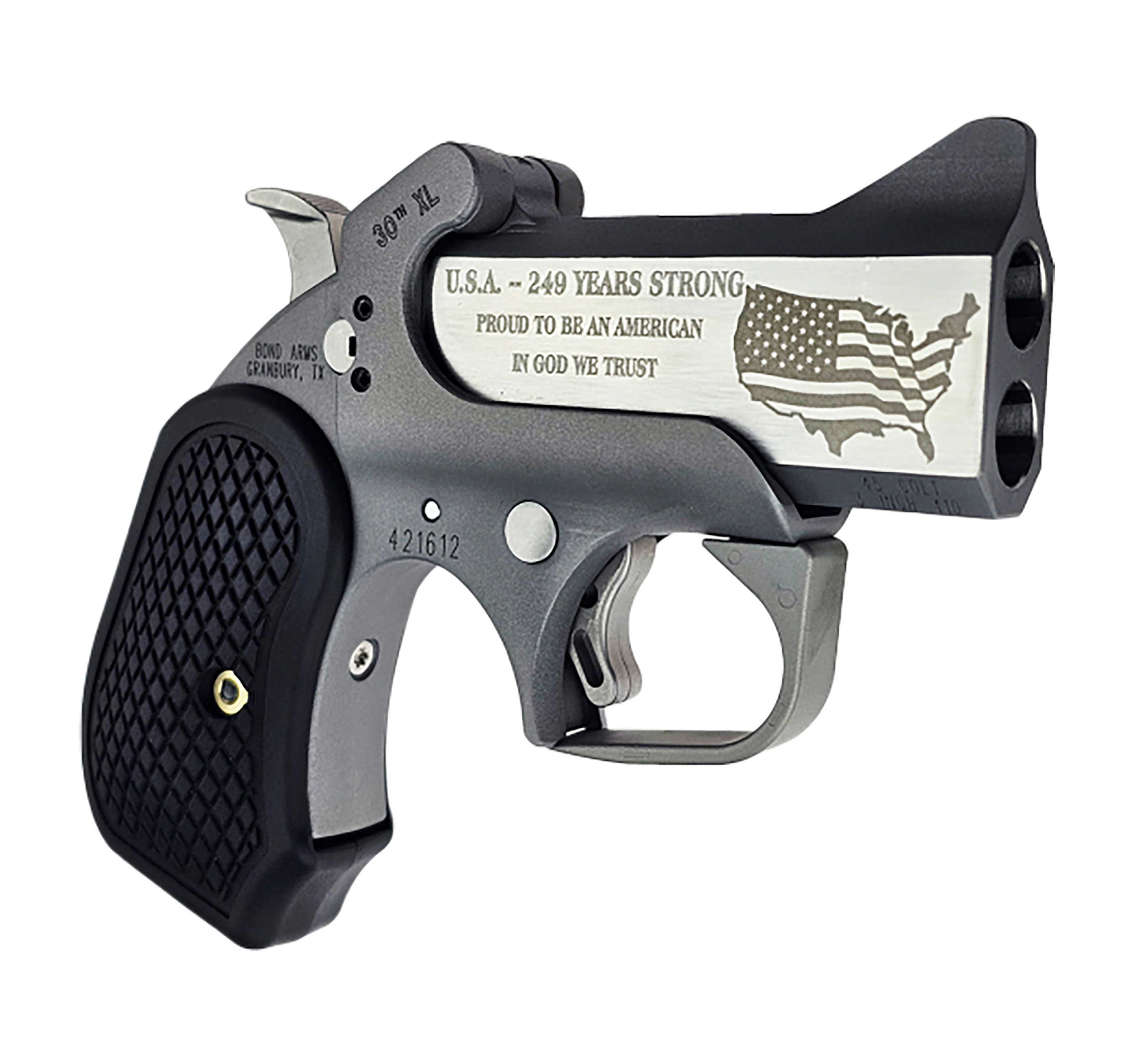 Bond Arms BA30THXL-45LC/410 30th Anniversary Rough Series 45 Colt/410 Gauge 2 Shot 3" Engraved Matte Double Barrel Rough Matte Stainless Steel Frame Black Extended B6 Resin Grips Right Hand