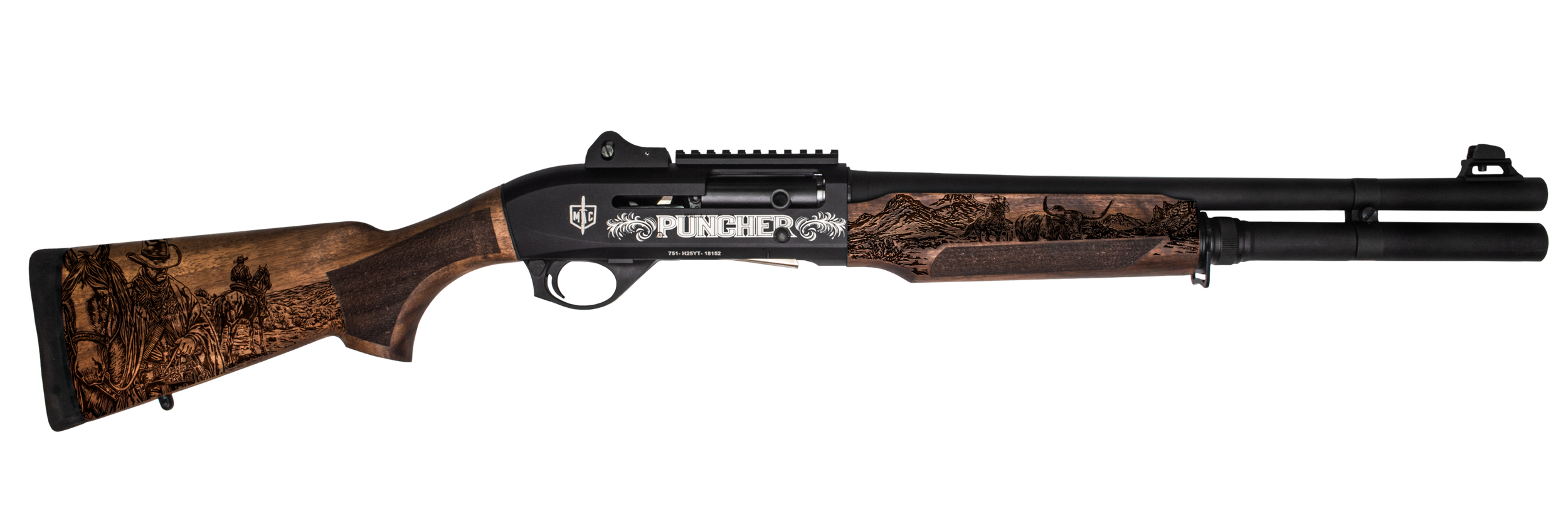 MAC 21000122PNCH Cowboy Puncher  12 Gauge Semi-Auto 3" 5+1 18.50" 18" Black Barrel, Black Engraved Receiver w/Picatinny Rail, Engraved Wood Stock