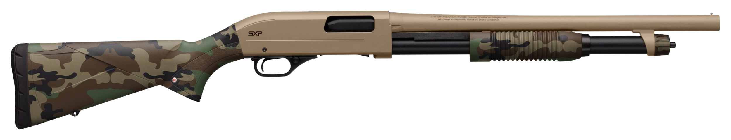 Winchester Repeating Arms SXP Defender 20 Gauge 3" 5+1 (2.75") 18" Barrel, FDE Drilled & Tapped Rec, Woodland Camo Textured Stock, Tactical Ribbed Forearm, Inflex Recoil Pad