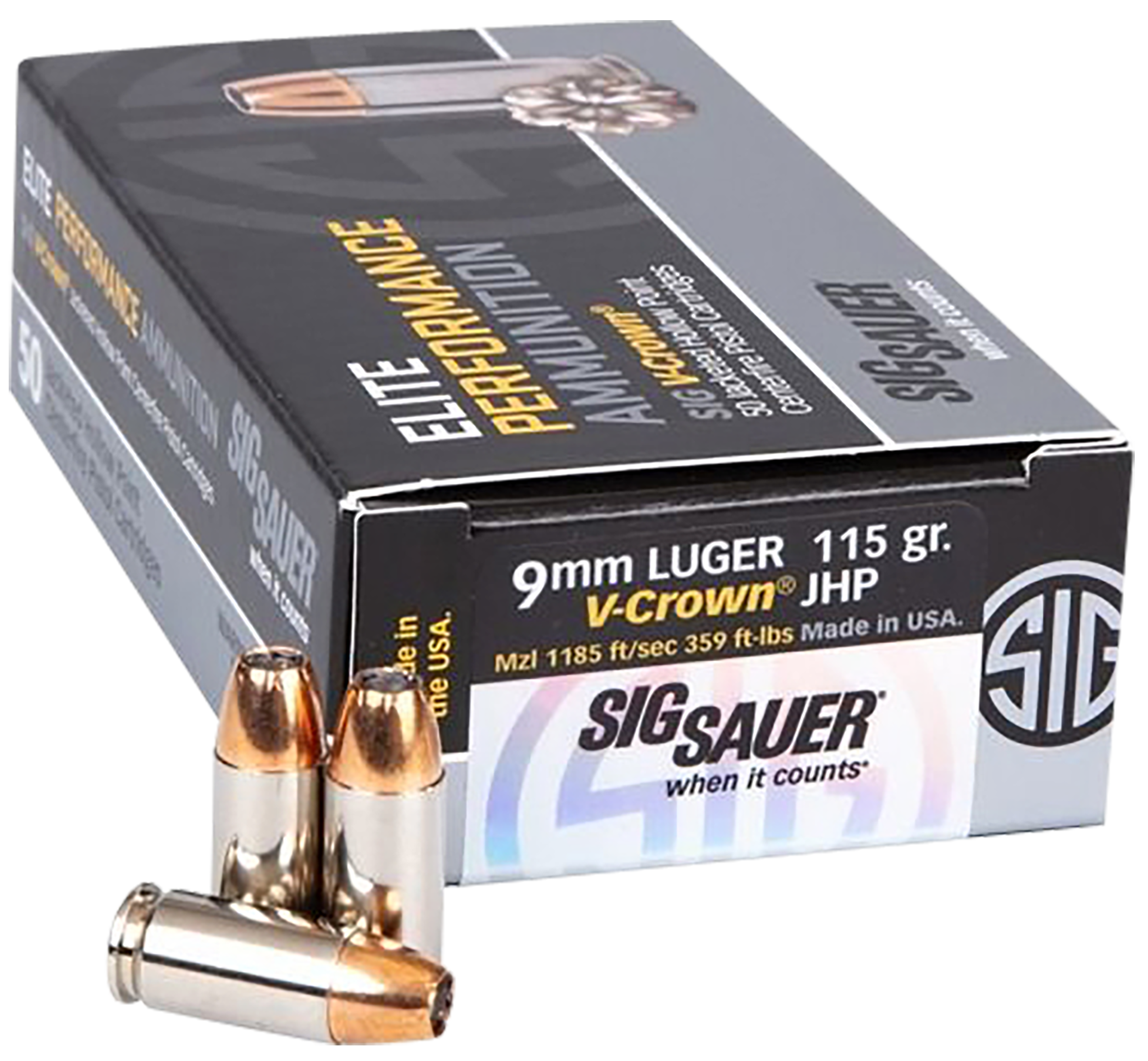 Sig Sauer E9MMA1COMP50 Match Elite Competition  9mmLuger 115gr V-Crown Jacketed Hollow Point 50 Per Box/20 Case