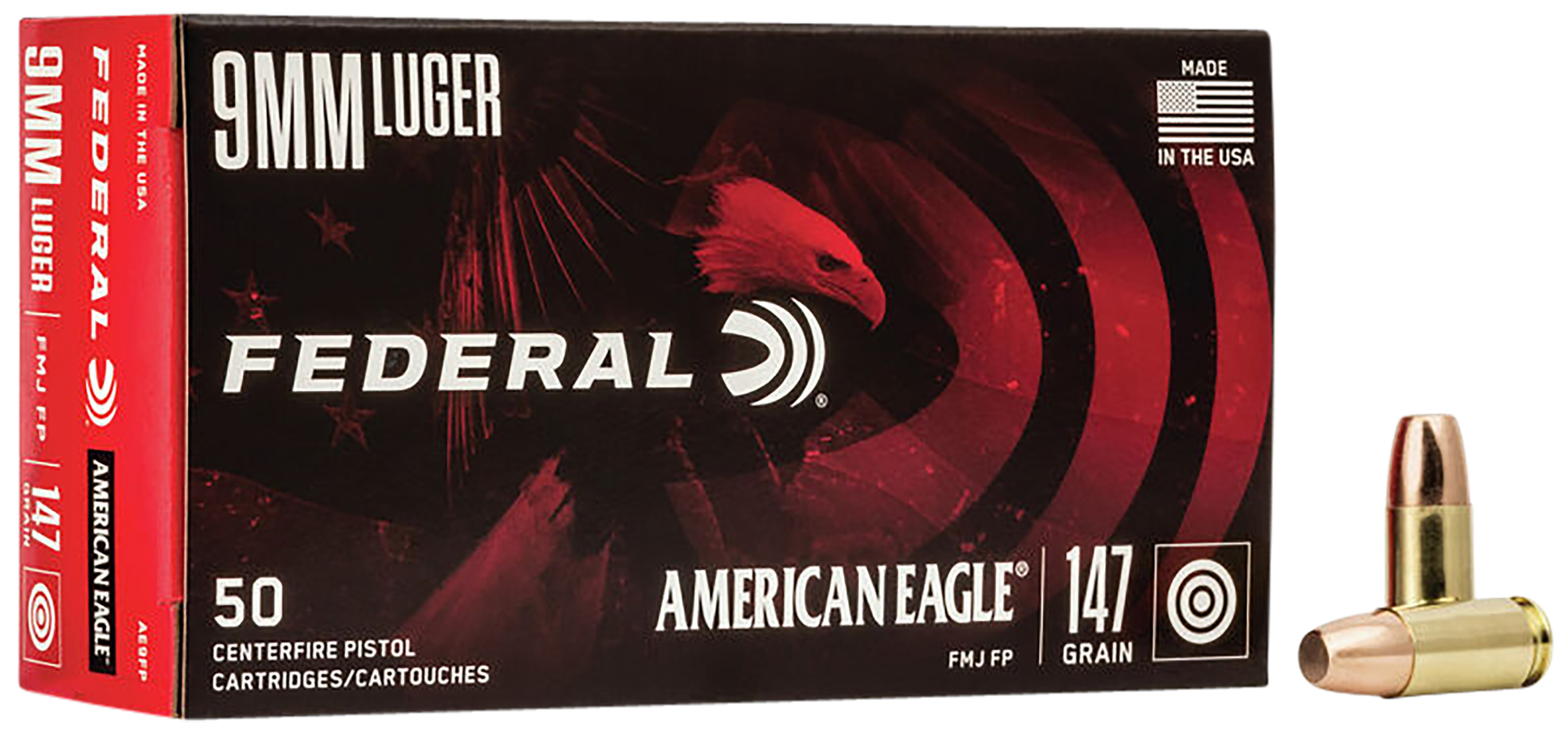 Federal AE9FP American Eagle Handgun 9mmLuger 147gr Full Metal Jacket Flat Point 50 Per Box/20 Case