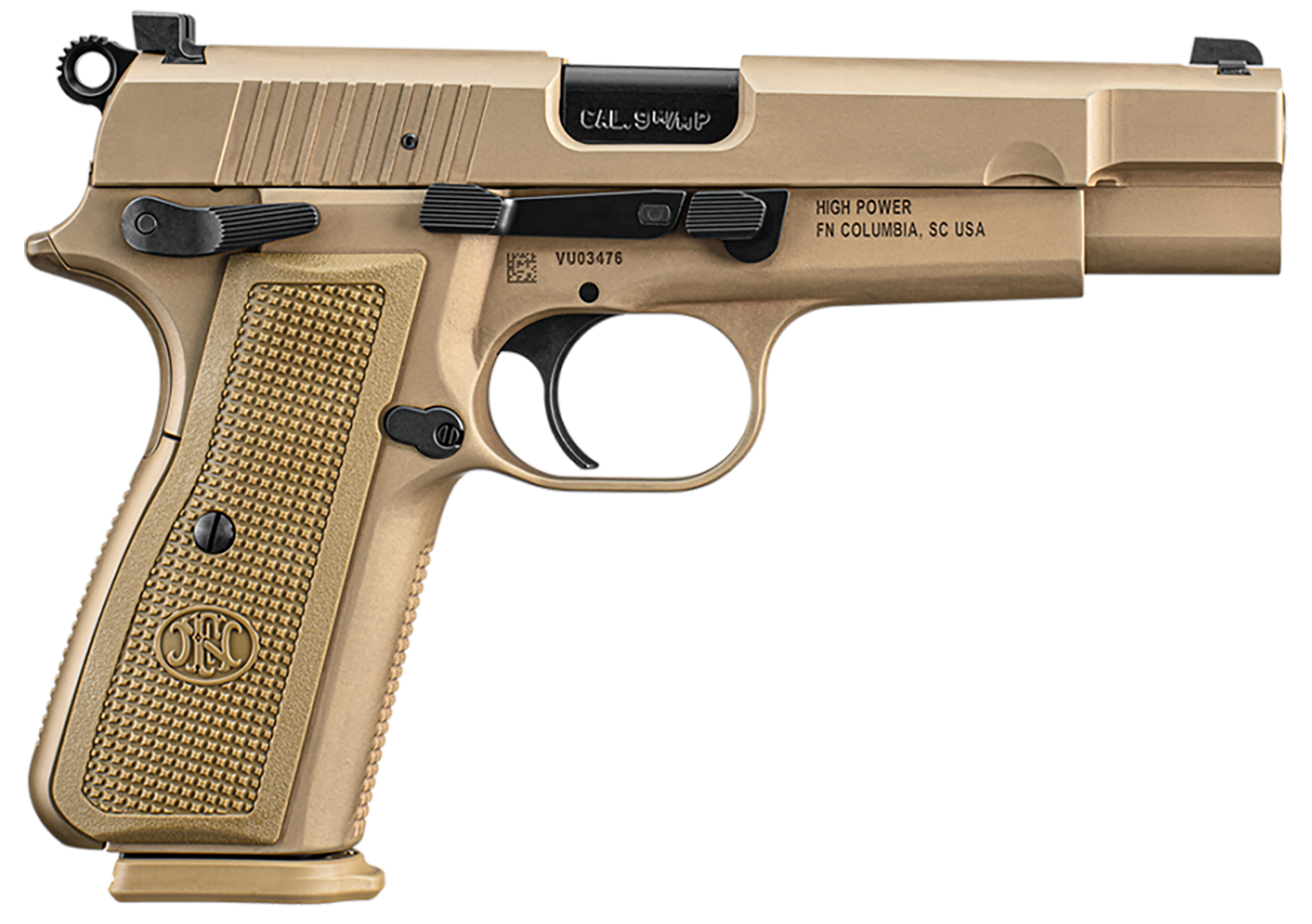 FN 66101117 High Power 9mm Luger 10+1, 4.70" Black Target Crown Steel Barrel, Flat Dark Earth PVD Serrated Steel Slide & Steel Frame w/Beavertail, FDE Textured Polymer Grip, Ambidextrous