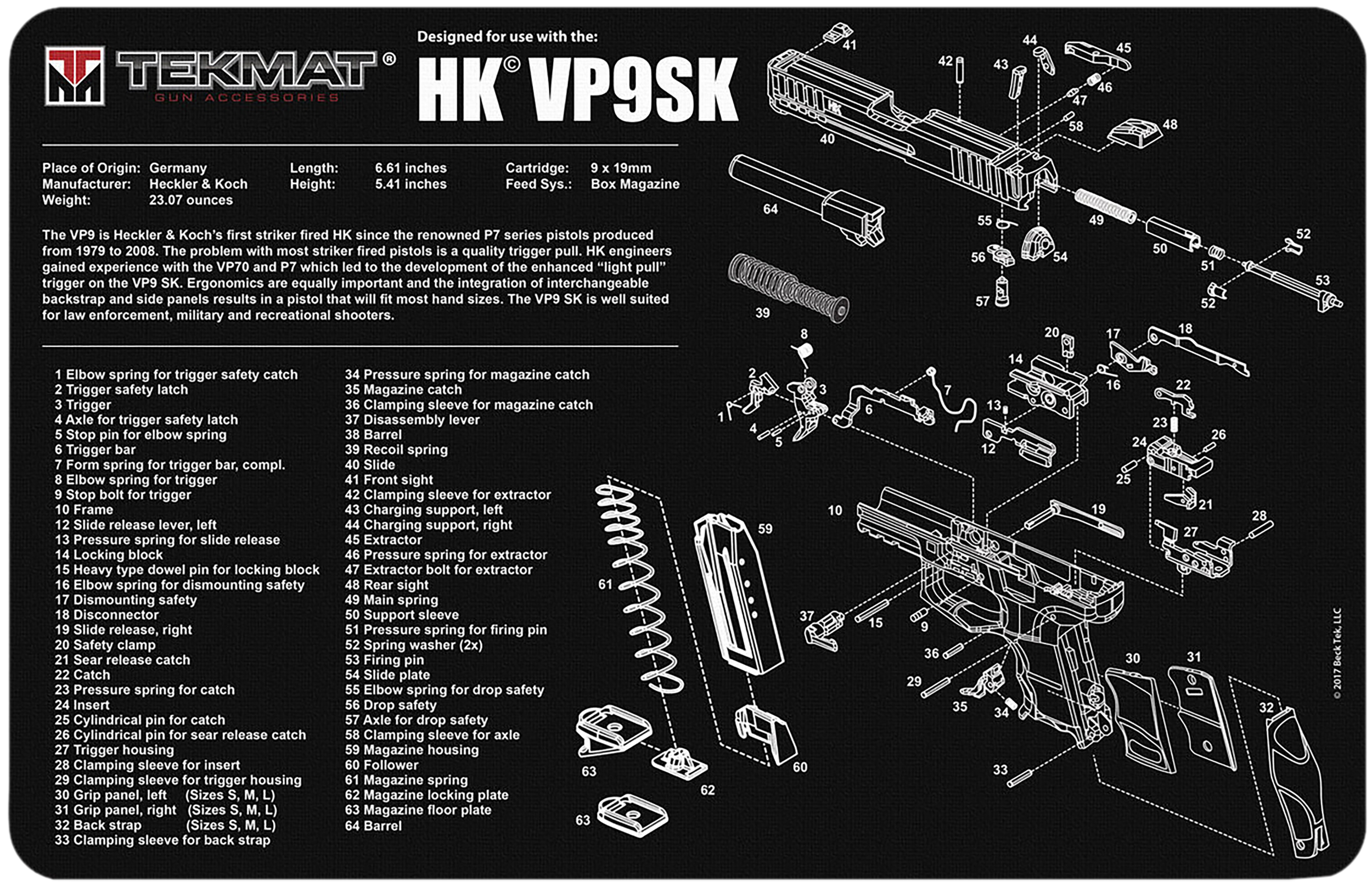 TekMat TEKR17HKVP9SK HK VP9SK Cleaning Mat Black/White Rubber 11"x17" HK VP9SK Parts Diagram