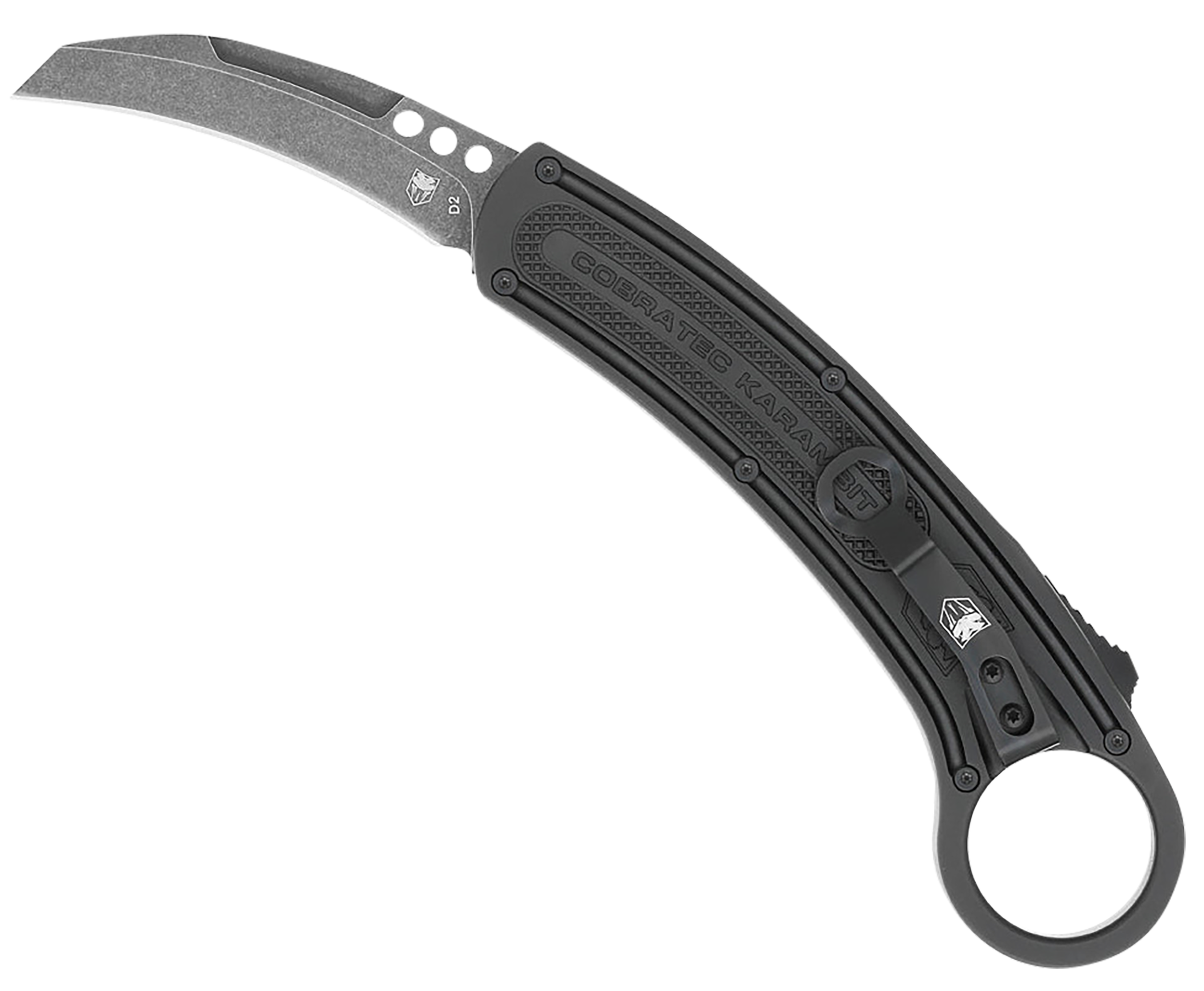 CobraTec Knives CTBKRH Karambit  2.75" Folding Plain Stonewashed D2 Steel Blade, 5.88" Black Anodized w/Finger Ring Aluminum Handle