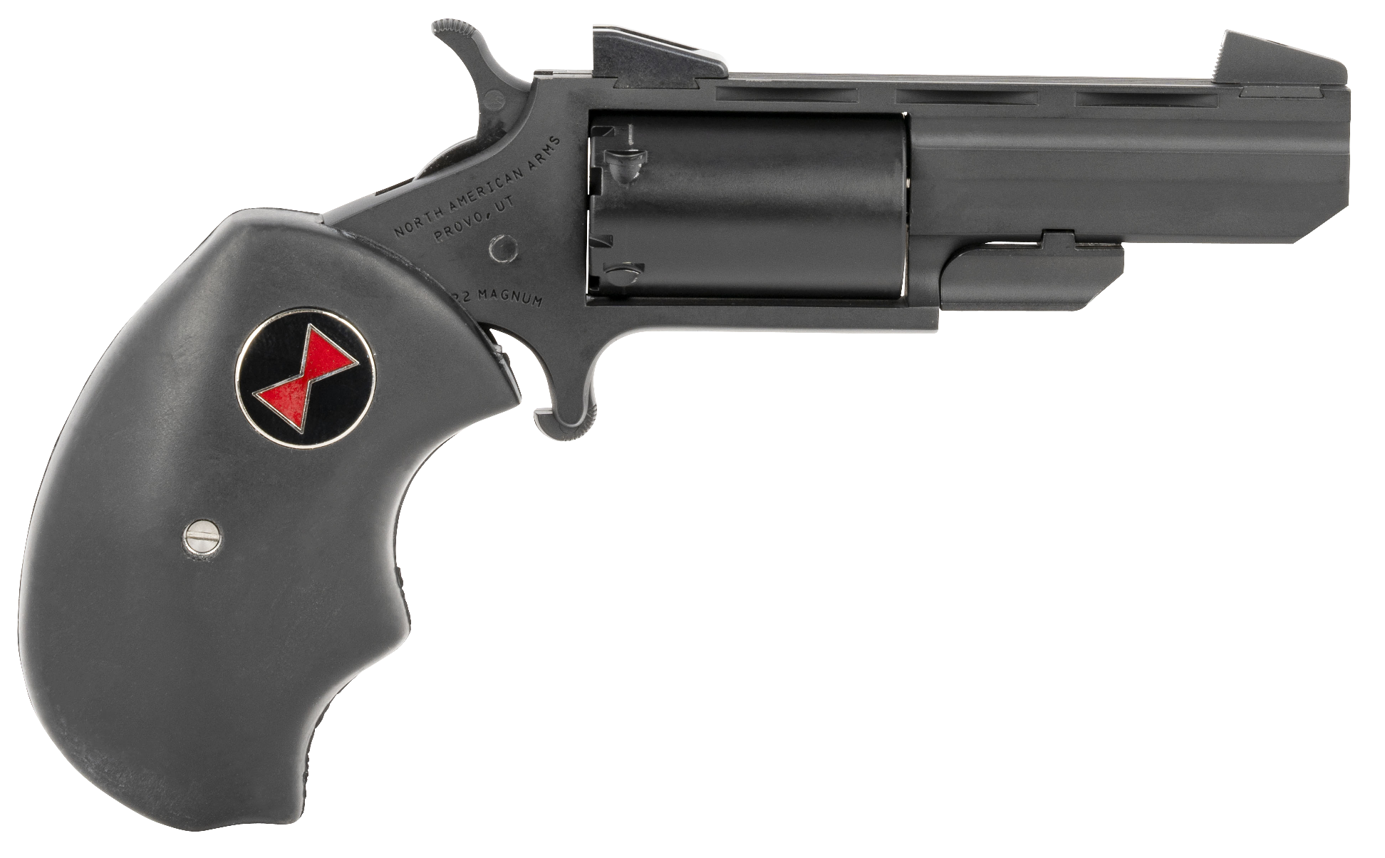 North American Arms BWMCRK Black Widow 22 WMR 5 Shot 2" Matte Black Heavy Vent Rib Barrel, Matte Black Cerakote Stainless Steel Frame, Black Cylinder, Black Finger Grooved Rubber Grip, Exposed Hammer