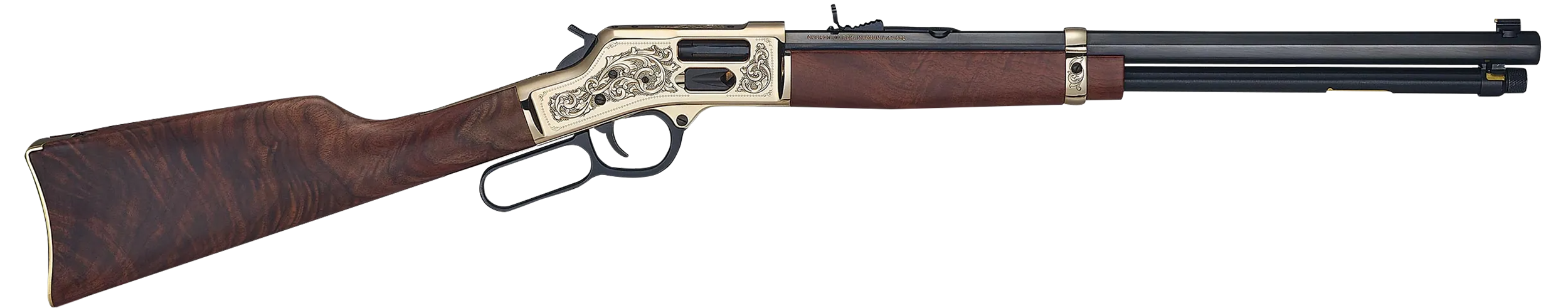 Henry H006GMD Side Gate Deluxe 357 Mag/38 Special 10+1 20" Blued Octagon Barrel, Engraved Polished Brass Rec, Semi-Fancy American Walnut Stock, Adj. Sight