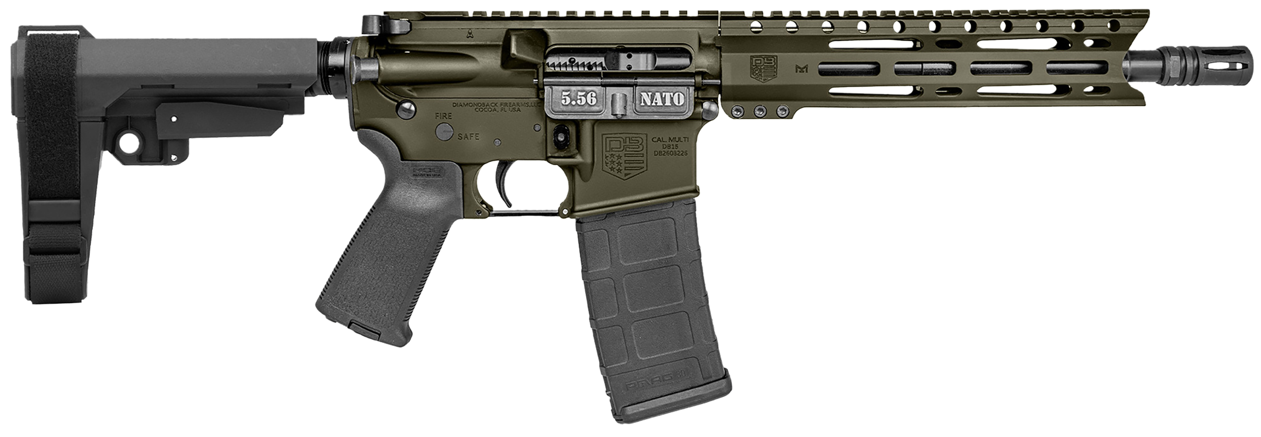 Diamondback DB1916K101 DB15  5.56 NATO 30+1 10" Black Nitride Heavy Threaded Barrel, OD Green Cerakote Picatinny Rail Aluminum Receiver, 9" M-LOK Handguard SB Tactical Brace & Black Magpul MOE Grip