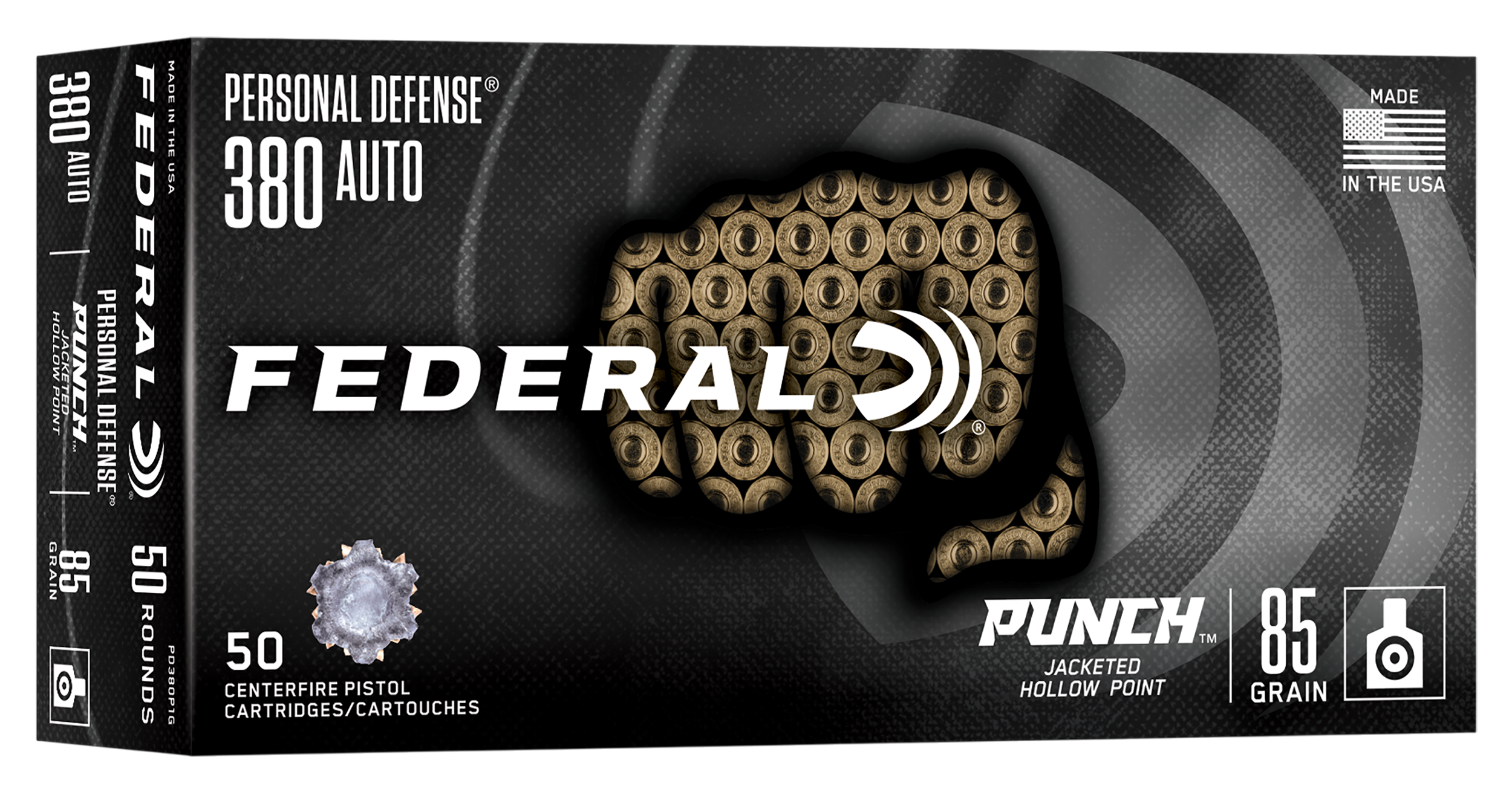 Federal PD380P1G Punch  380ACP 85gr Jacketed Hollow Point 50 Per Box/10 Case
