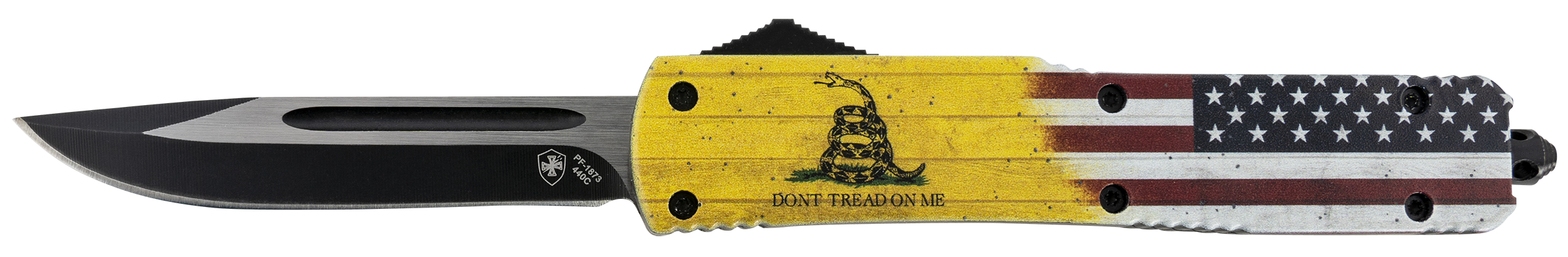 Templar Knife MDTOM331 Gen II Don't Tread On Me Slim 3.50" OTF Drop Point Plain Black Oxide Stonewashed 440C SS Blade, 5.05" Yellow w/Flag & "Don't Tread On Me" Aluminum Handle, Glass Breaker