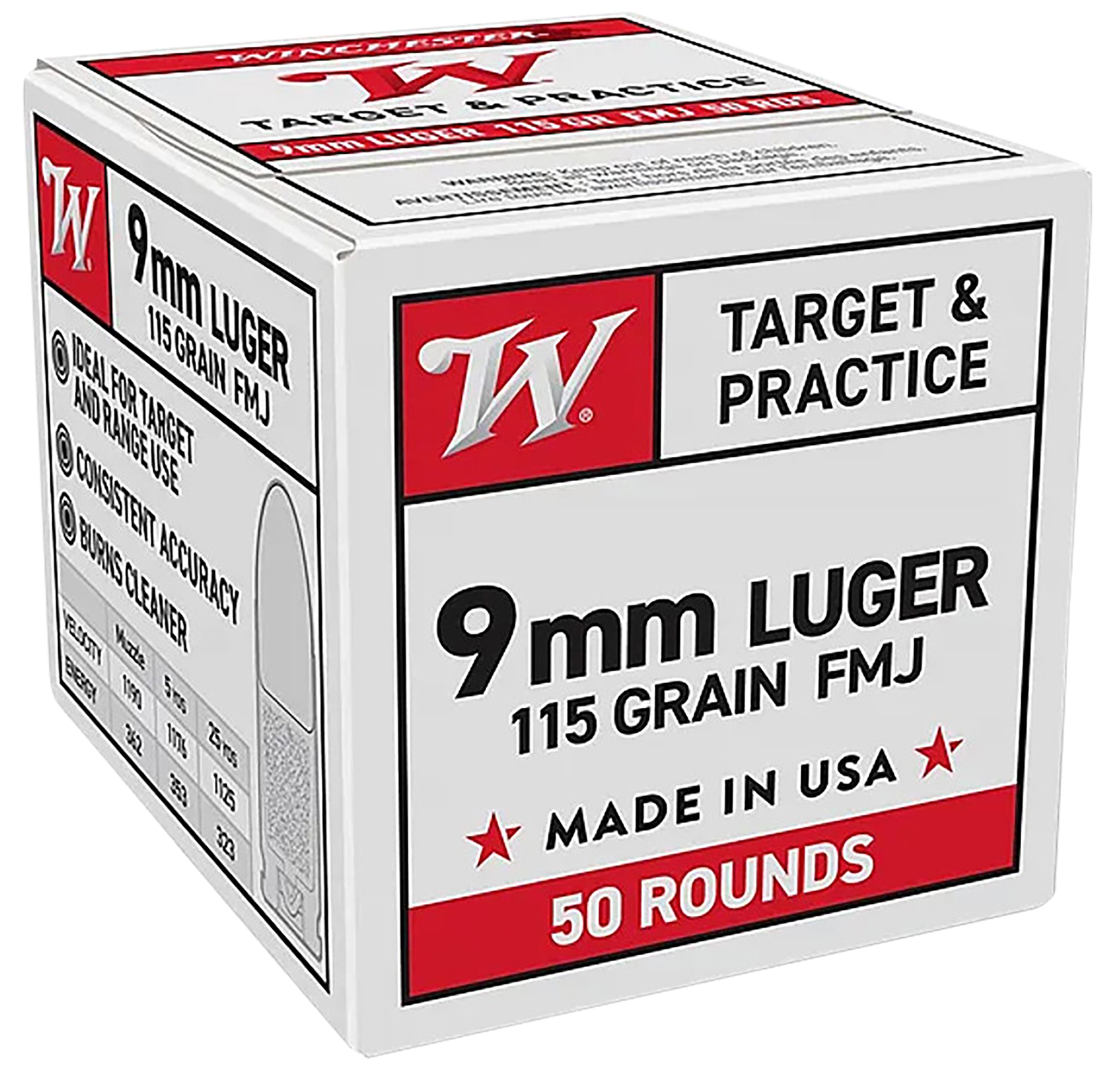 Winchester Ammo W9MM50   9mmLuger 115gr Full Metal Jacket 50 Per Box/20 Case