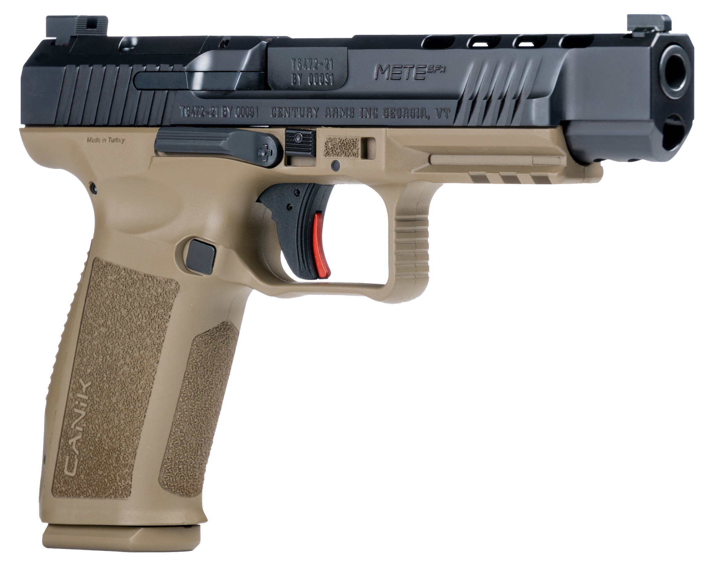 Canik HG5635N Mete SFx Full Size Frame 9mm Luger 20+1/18+1, 5.20" Black Match Grade Barrel Black Nitride Serrated Steel Slide, Flat Dark Earth Polymer Frame w/Picatinny Rail, Ambidextrous