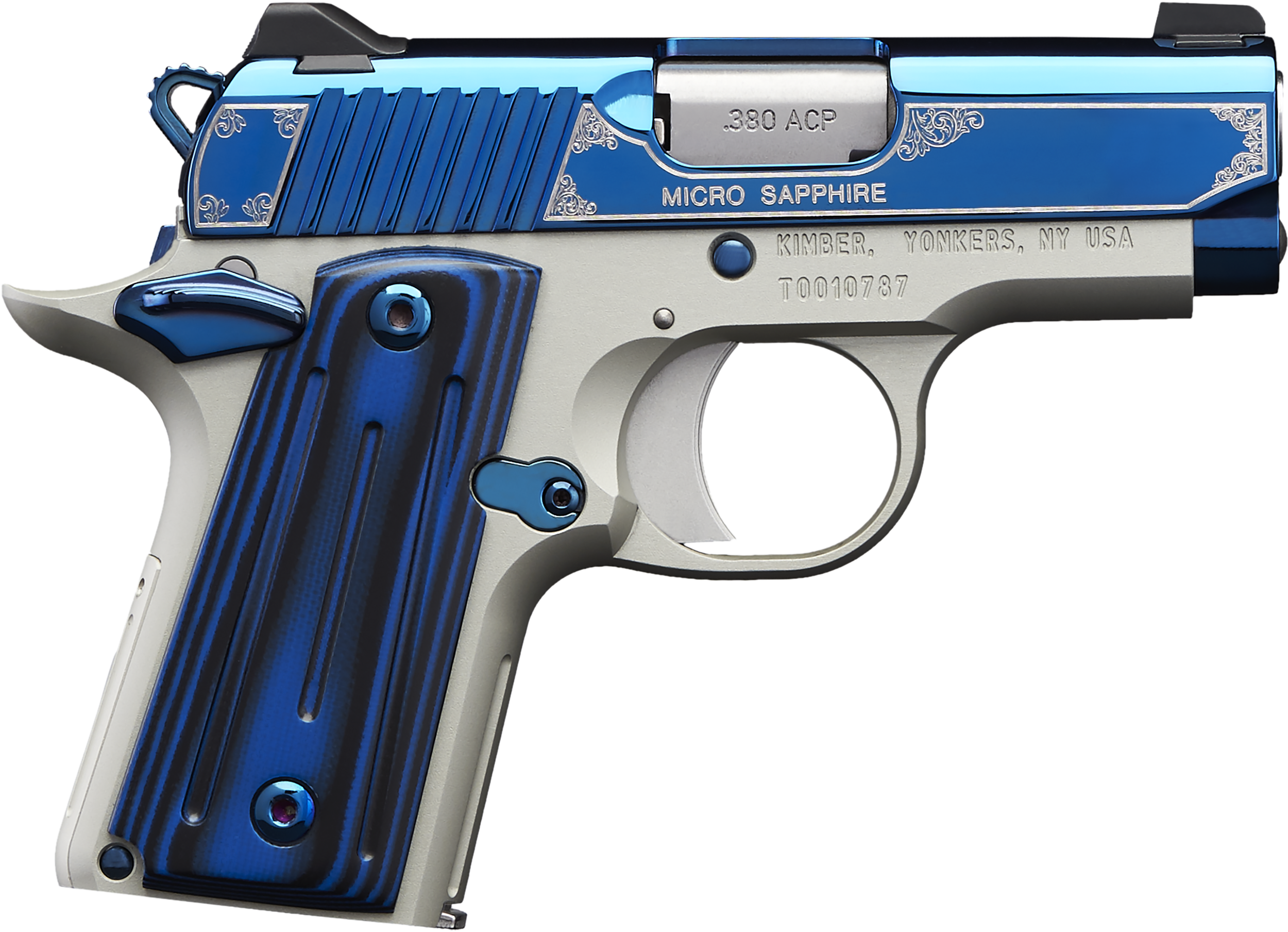 Kimber Mfg.,inc 3300090 Micro Sapphire NS 380 ACP 7+1 2.75" Polished Bright Blue PVD Coating Cut Scroll Engraving and Border Stainless Steel Thin blue/black ball-milled G-10 Grip