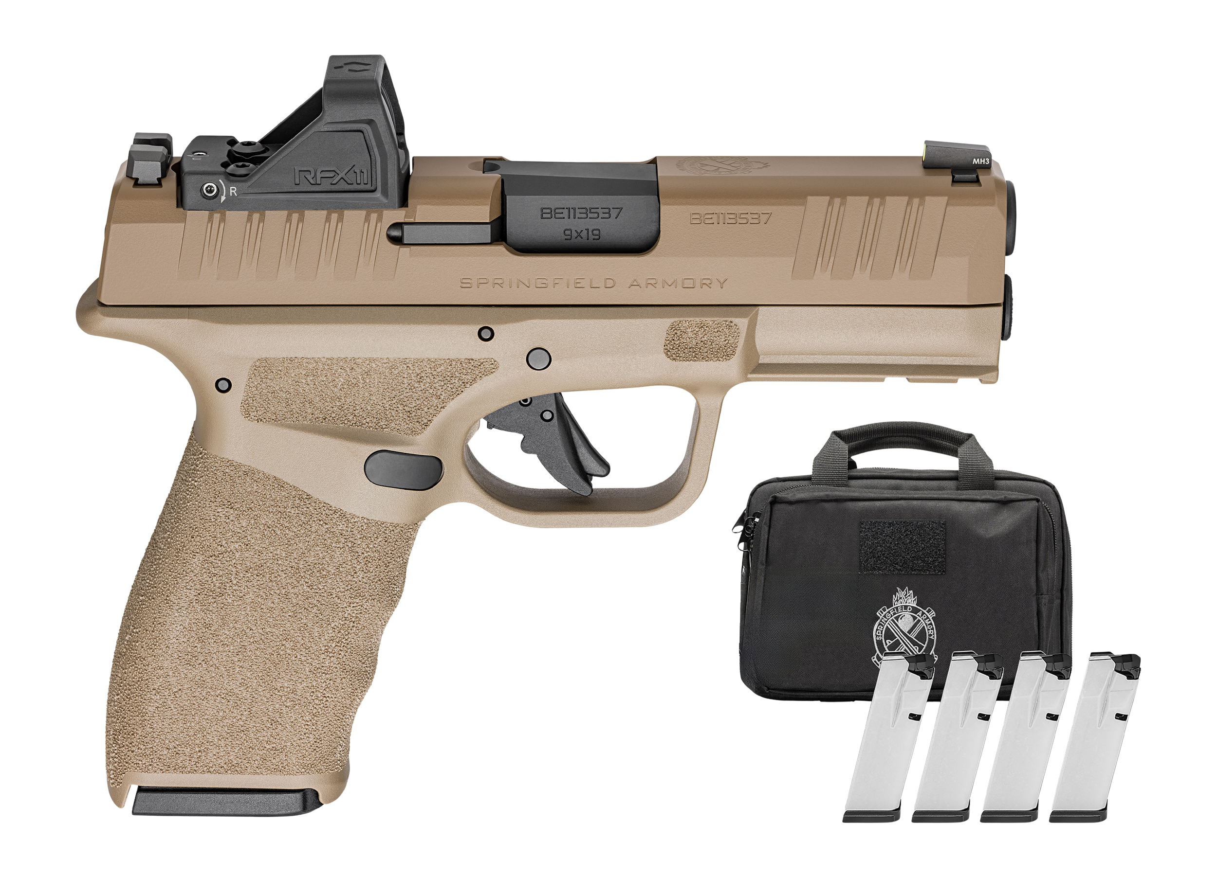Springfield Armory HCP9379FOSP15PAC Hellcat Pro OSP 9mm Luger 15+1 3.70" Black Melonite Barrel, FDE Cerakote Steel Optic Ready/Serrated Slide & Polymer Frame w/Picatinny Rail, Adaptive Texture Grip