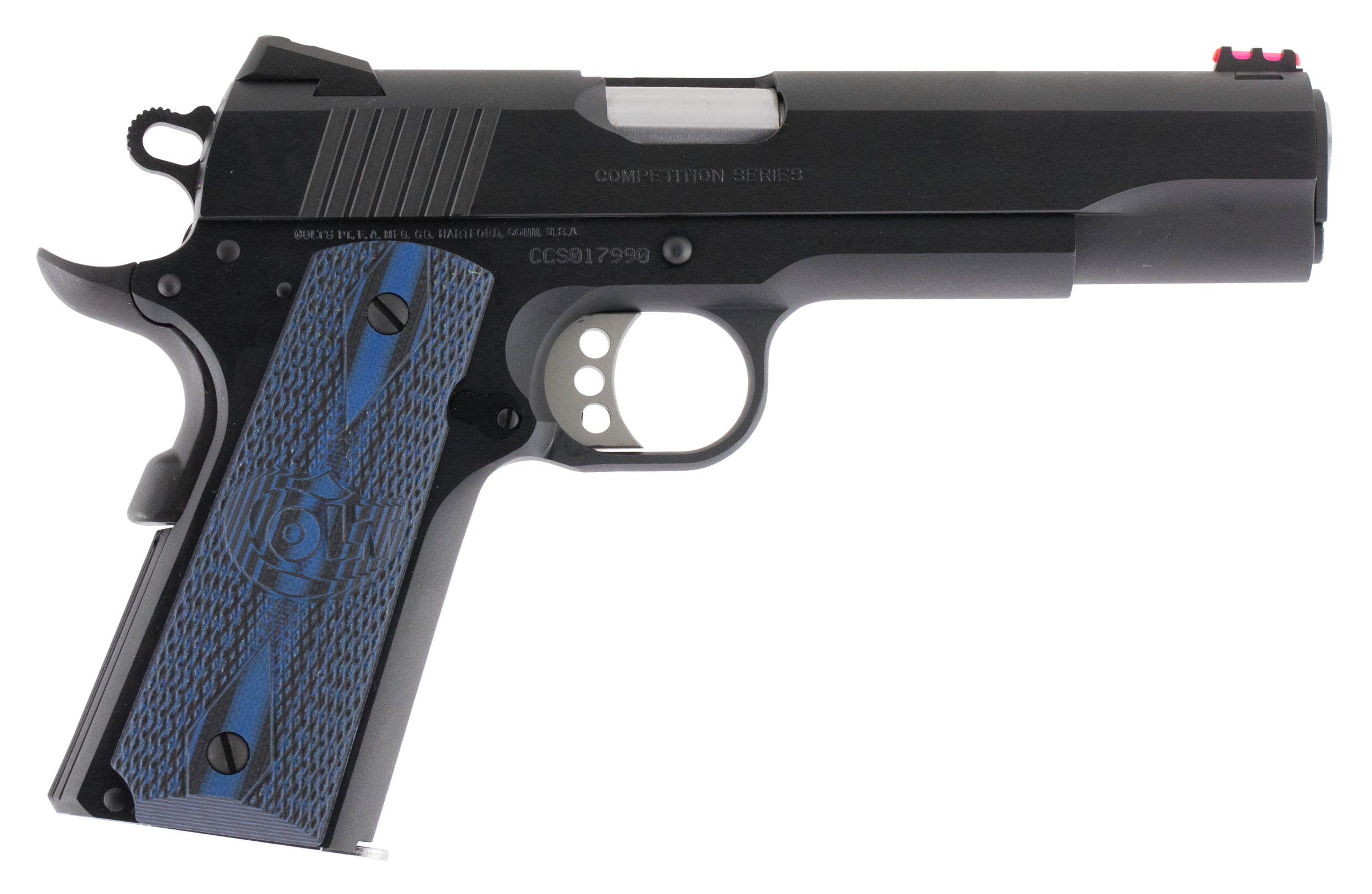 Colt Mfg O1970CCS Competition Government 45 ACP 8+1 5" Stainless National Match Barrel, Blued Serrated Carbon Steel Slide & Frame w/Beavertail, Blue Scalloped G10 Grip, Ambidextrous