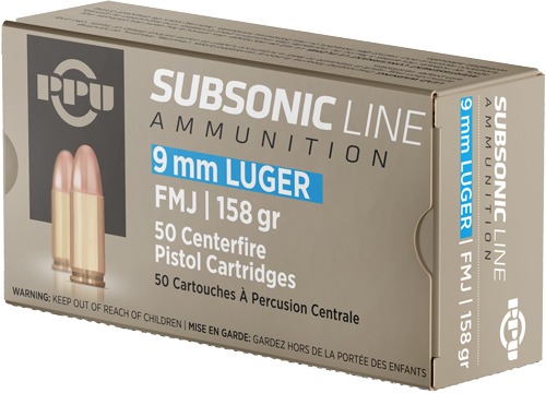 PPU SUBSONIC 9MM LUGER 158GR FMJ 50RD 20BX/CS