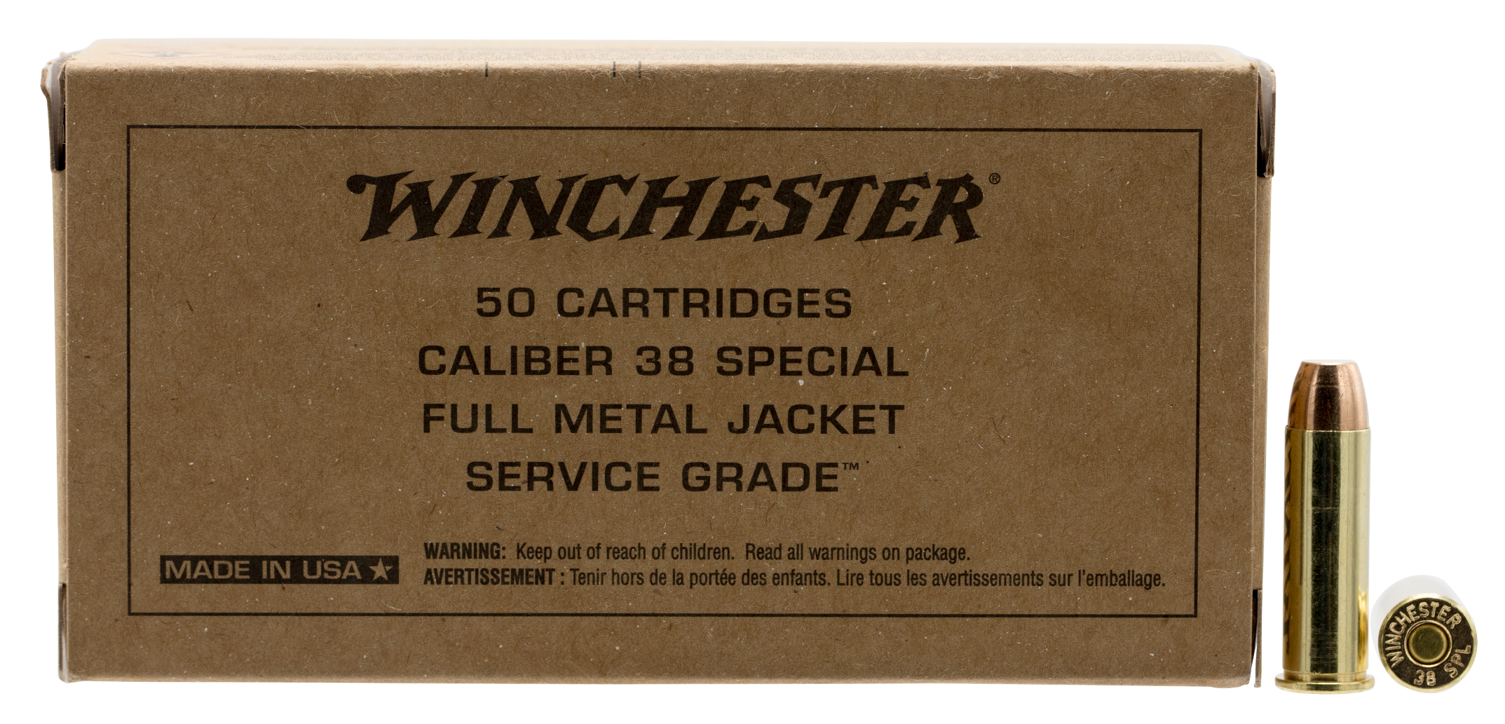 Winchester Ammo SG38W Service Grade  38Special 130gr Full Metal Jacket Flat Nose 50 Per Box/10 Case