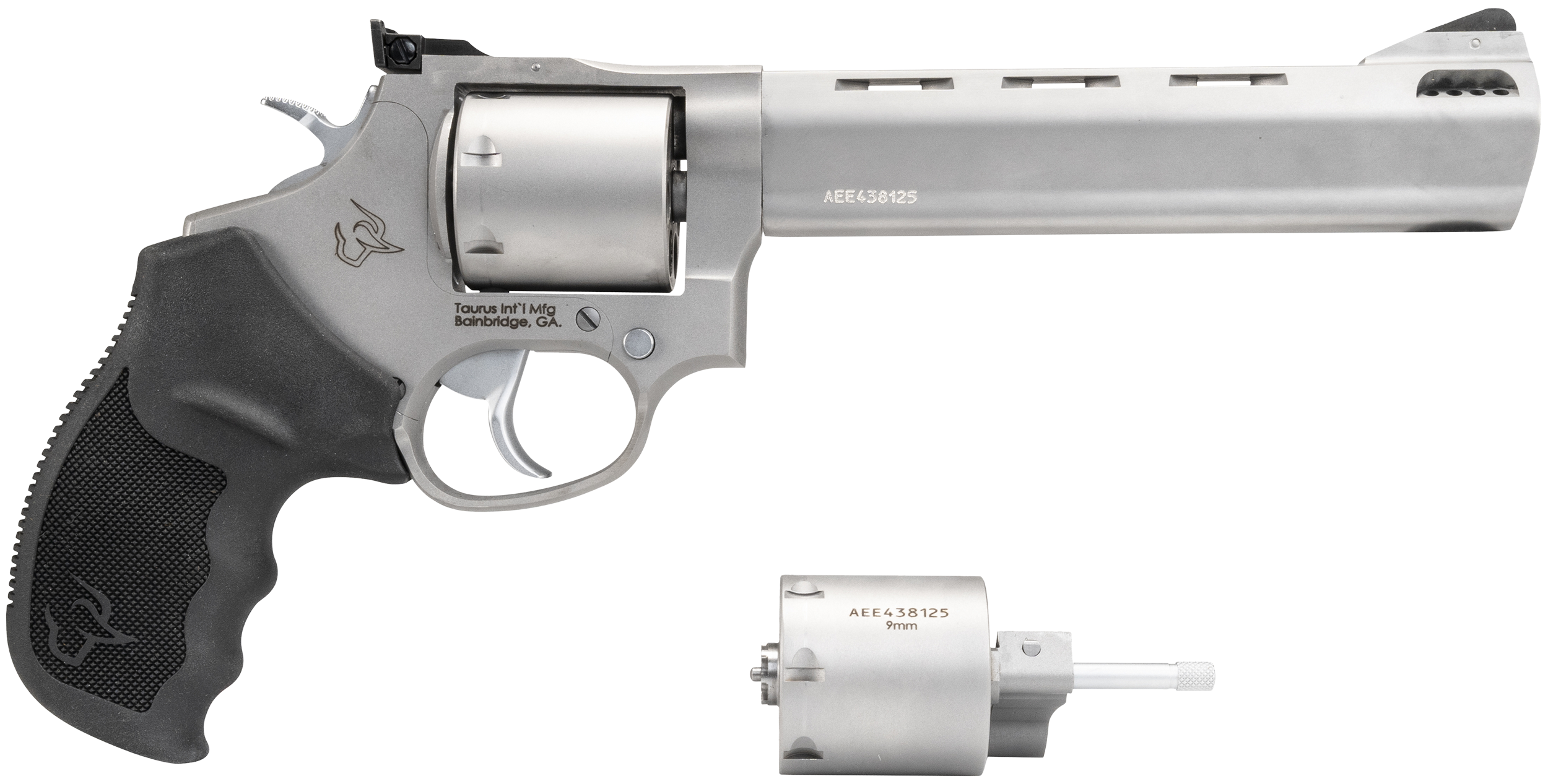 Taurus 2-692069 692  Medium 38 Special +P/357 Mag/ 9mm Luger 7 Shot 6.50" Matte Stainless Vent Rib Barrel, Cylinder & Frame, Black Ribber Grip, Transfer Bar Safety, Exposed Hammer, 2 Cylinders