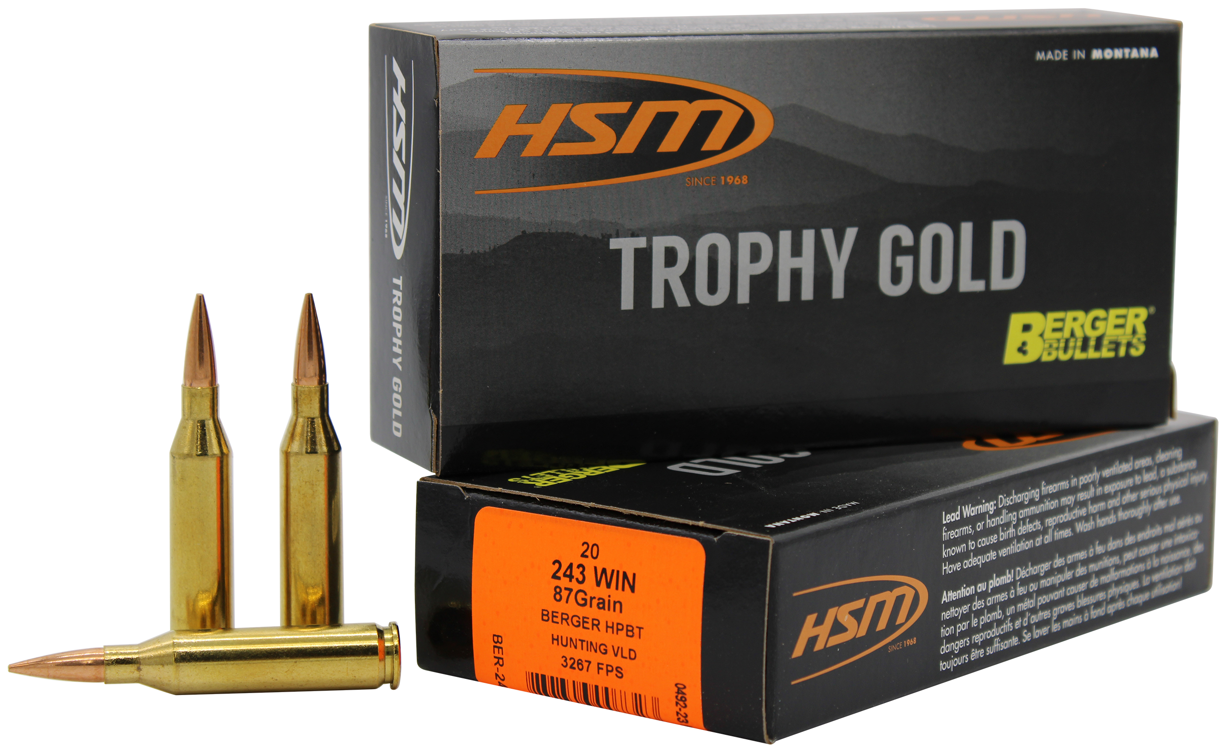 HSM 24387VLD Trophy Gold Extended Range 243 Win 87 gr Berger Hybrid Tactical Open Tip Match 20 Per Box/ 25 Case