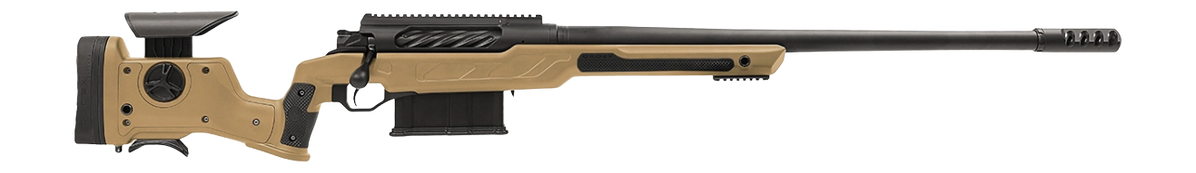 Cadex Inc CDXBMGQUA5029HI20I1J5N BMG Quake  50 BMG 3+1 29" Black DLC Match Grade Threaded Barrel, Black DLC Receiver w/Picatinny Rail, Adj Cheek Piece & LOP Hybrid Tan Polymer Stock