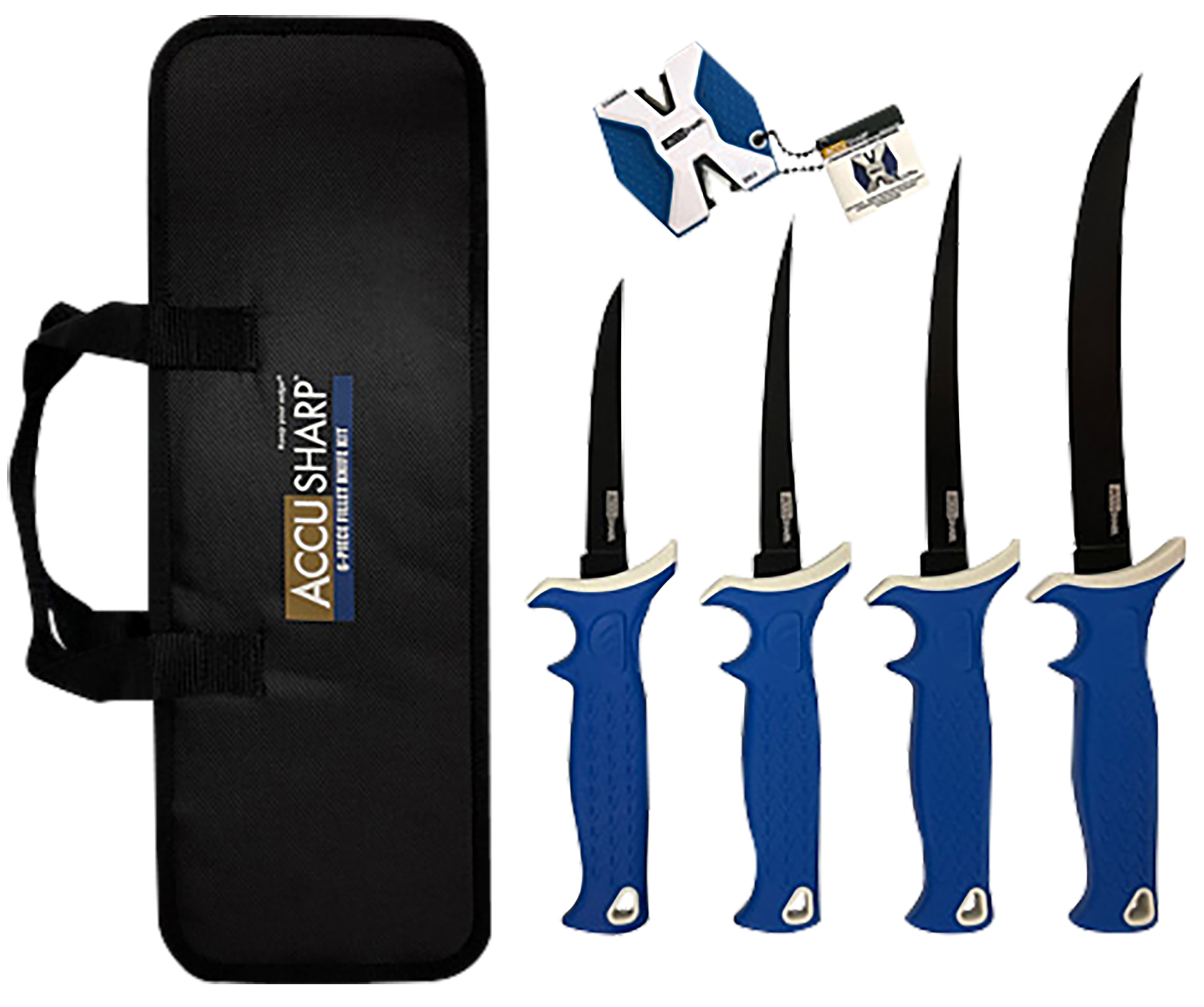 AccuSharp 737C Knife Kit 4.75/5.50/6.50/8" Fixed Fillet Plain Satin Stainless Steel Blade/ Blue Non-Slip Grip TPR Handle Includes 2-Step Sharpener