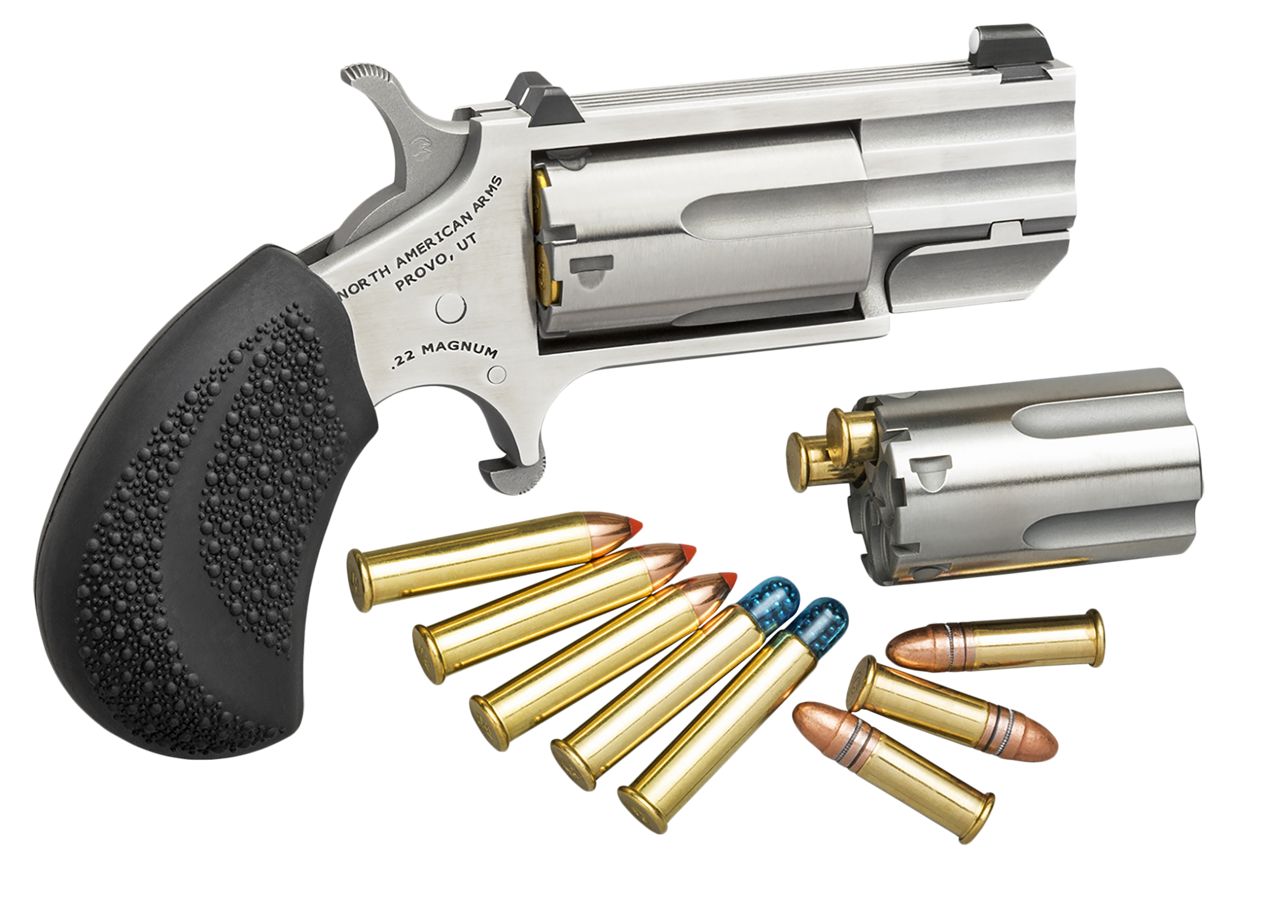 North American Arms PUGDC Pug Conversion 22 LR/22 WMR 5 Shot 1" Stainless Steel Barrel, Stainless Steel Frame, Stainless Cylinder, Black Rubber Grip, Exposed Hammer, XS White Dot Sight