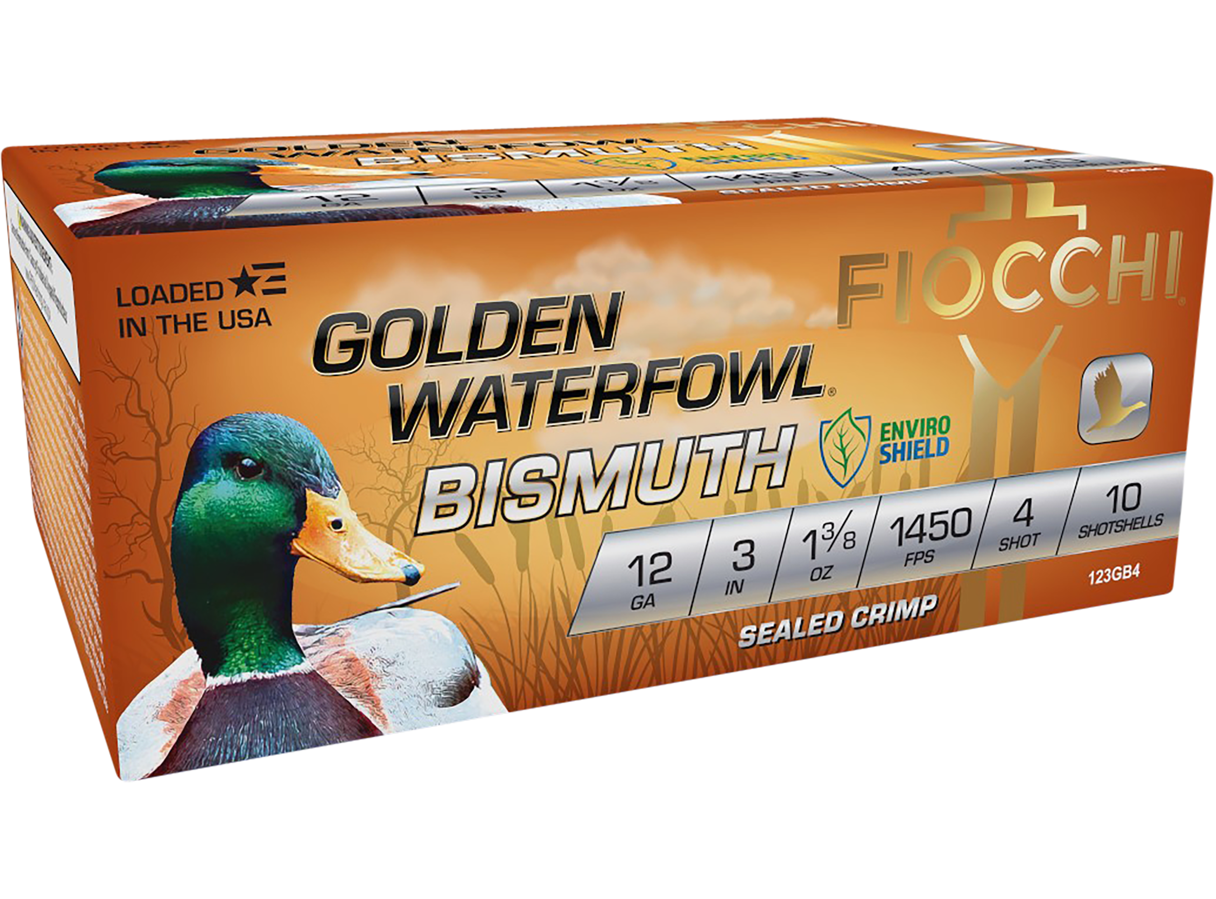 Fiocchi 123GB4 Golden Waterfowl Bismuth 12Gauge 3" 1 3/8oz 4Shot 10 Per Box/10 Case
