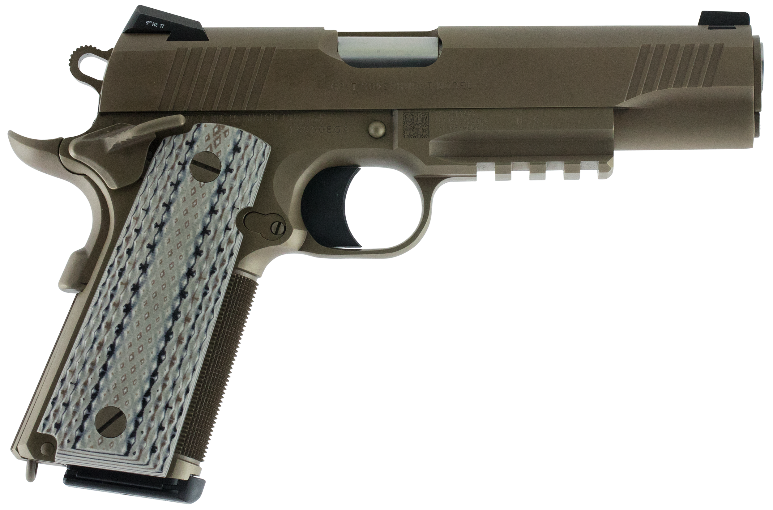 Colt Mfg O1070CQB Limited Edition Government 45 ACP 8+1, 5" Stainless National Match Barrel, Desert Sand Serrated Steel Slide & Frame w/Picatinny Rail, Scalloped Gray G10 Grip, Ambidextrous