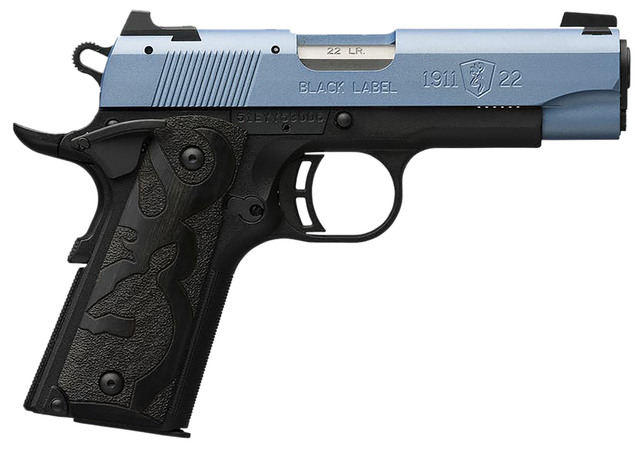 Browning 051898490 1911 Black Label Compact Frame 22 LR 10+1, 3.63" Matte Stainless Steel Barrel, Polar Blue Cerakote Serrated Slide, Matte Black Polymer Frame w/Beavertail, Black Laminate Wood Grip