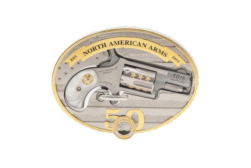 NAA 22LR 1.125" 22LR PISTOL 50TH ANNIVERSARY STAINLESS SILVER/GOLD W/ BELT BUCKLE