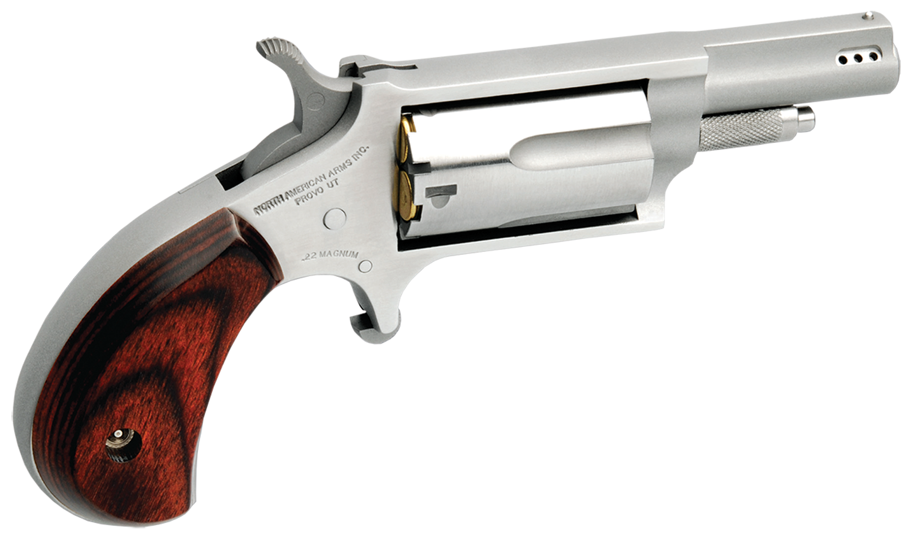 North American Arms 22MP Mini-Revolver  22 WMR 5 Shot 1.63" Stainless Steel Ported Barrel, Stainless Steel Frame & Cylinder, Rosewood Birdshead Grip, Exposed Hammer