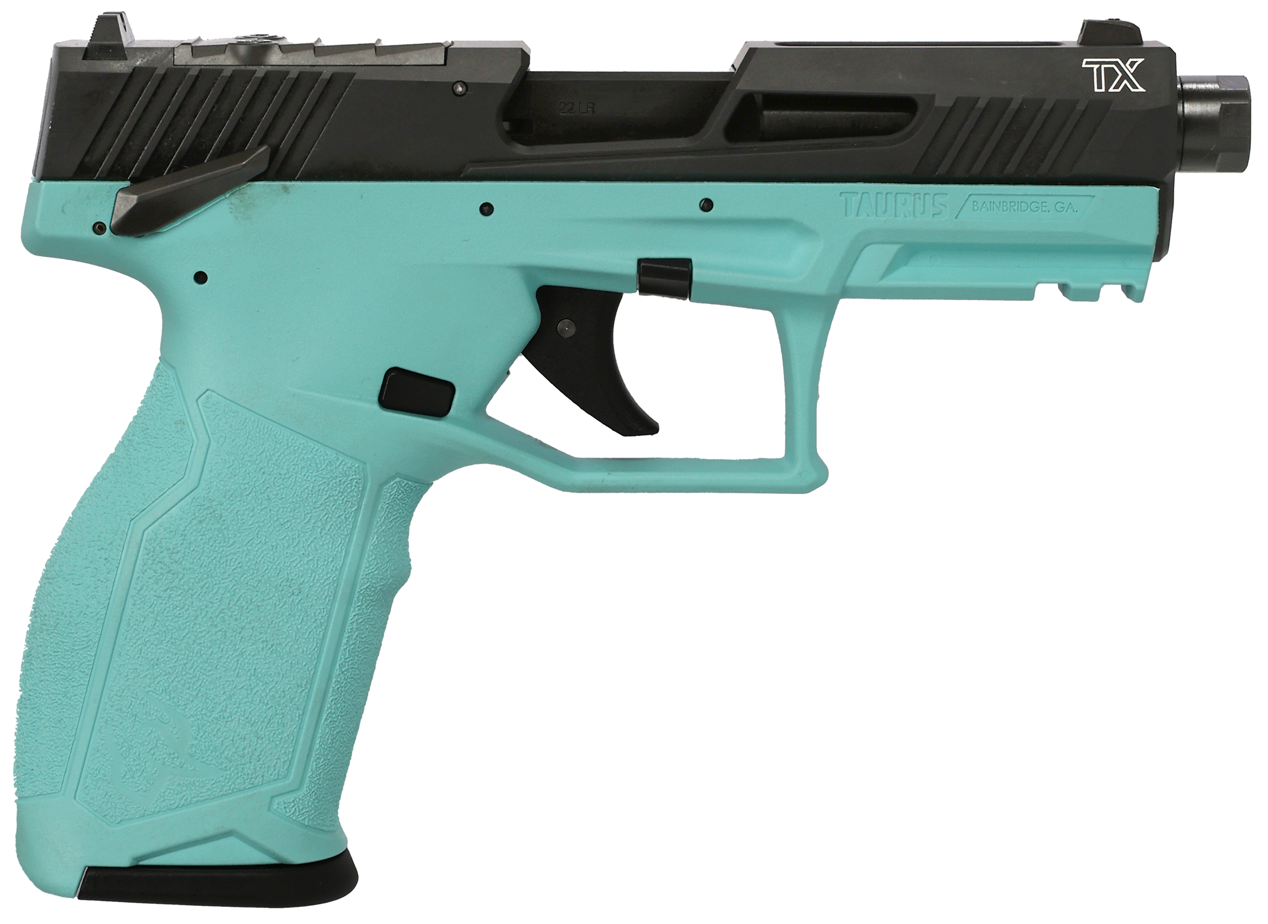 Taurus 1-2TX22P141C-10 TX22 T.O.R.O. 22 LR 10+1 4.60" Matte Black Threaded Barrel, Black Hard Coat Anodized Optic Ready/Serrated Slide, Cyan Polymer Frame w/Picatinny Rail, Textured Grip