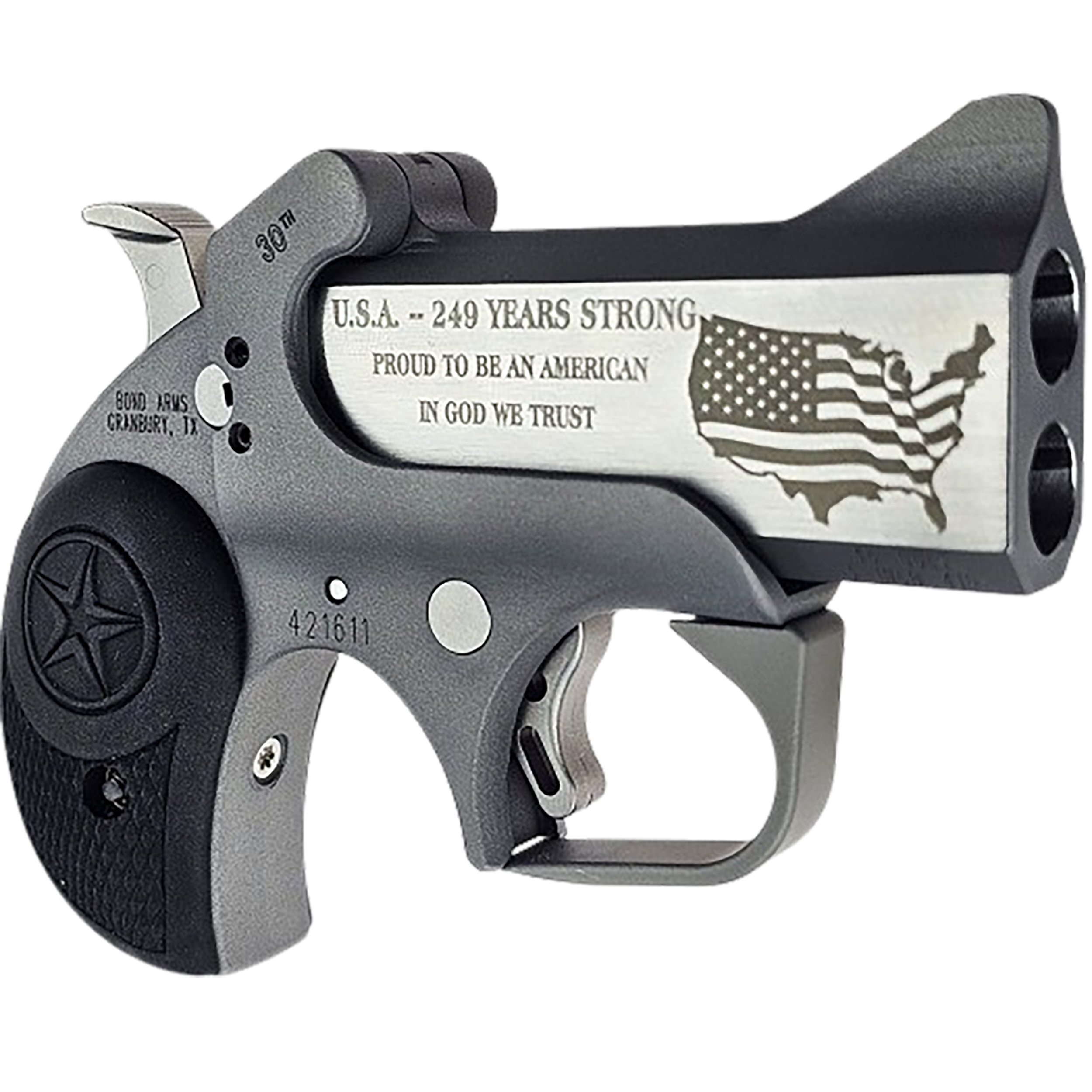 Bond Arms BA30TH-45LC/410 30th Anniversary Rough Series 45 Colt/410 Gauge 2 Shot 3" Engraved Matte Double Barrel Rough Matte Stainless Steel Frame Black Rubber Grips Right Hand
