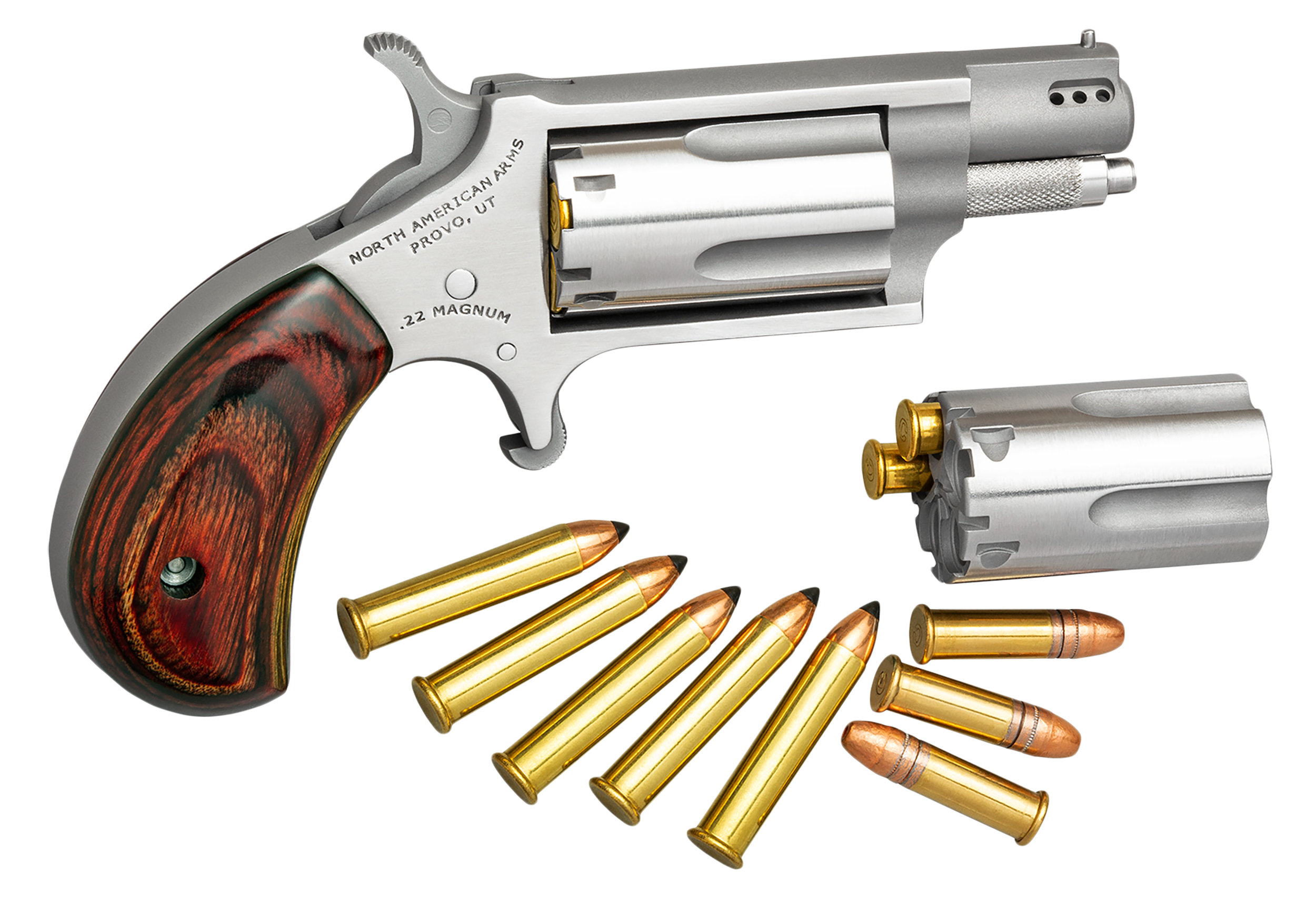 North American Arms 22MSCP Mini-Revolver Combo 22 LR/22 WMR 5 Shot 1.63" Stainless Steel Ported Barrel, Stainless Steel Frame & Cylinder, Rosewood Birdshead Grip, Exposed Hammer