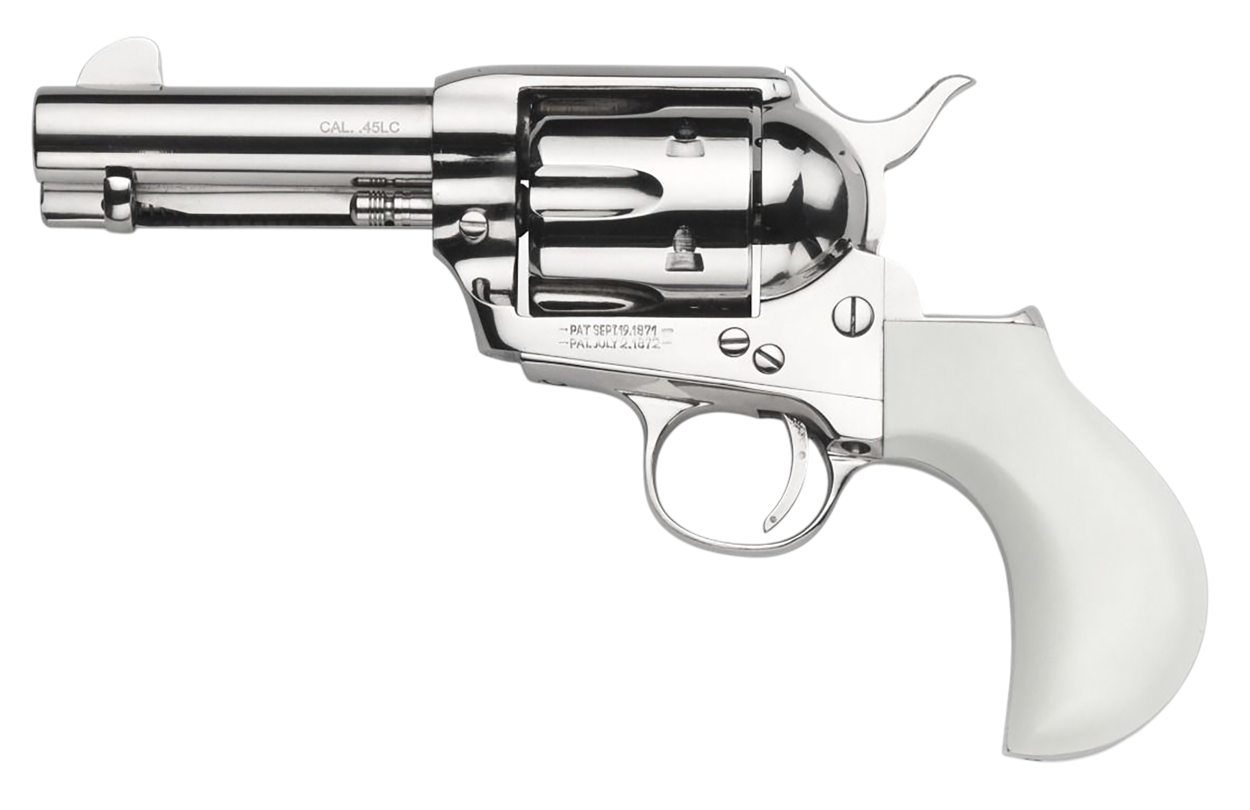 Taylors & Company 200111 1873 Flat Top Pietta 9mm Luger 6 Shot 3.50" Nickel Round Barrel, Cylinder & Steel Frame, PVC White Flat Birdshead Grip, Exposed Hammer