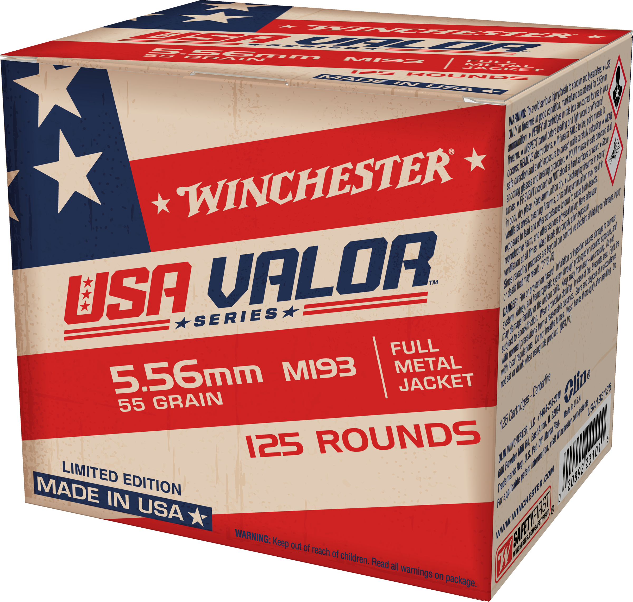 Winchester Ammo USA193125 USA Valor M193 5.56x45mmNATO 55gr Full Metal Jacket 125 Per Box/10 Case