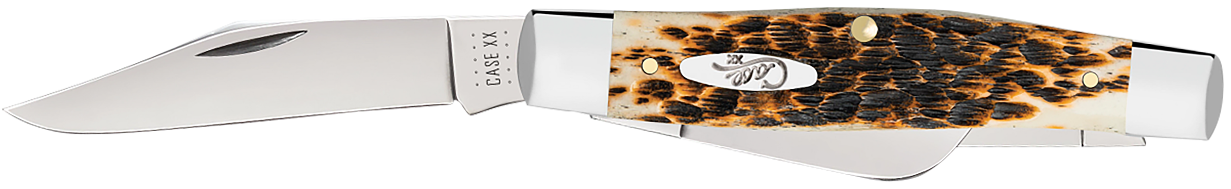 Case 00204 Stockman  Large 3.30"/2.30"/2.20" Folding Clip Point/Pen/Sheepsfoot Plain Mirror Polished Carbon Steel Blade, Peach Seed Jigged Amber Bone Handle