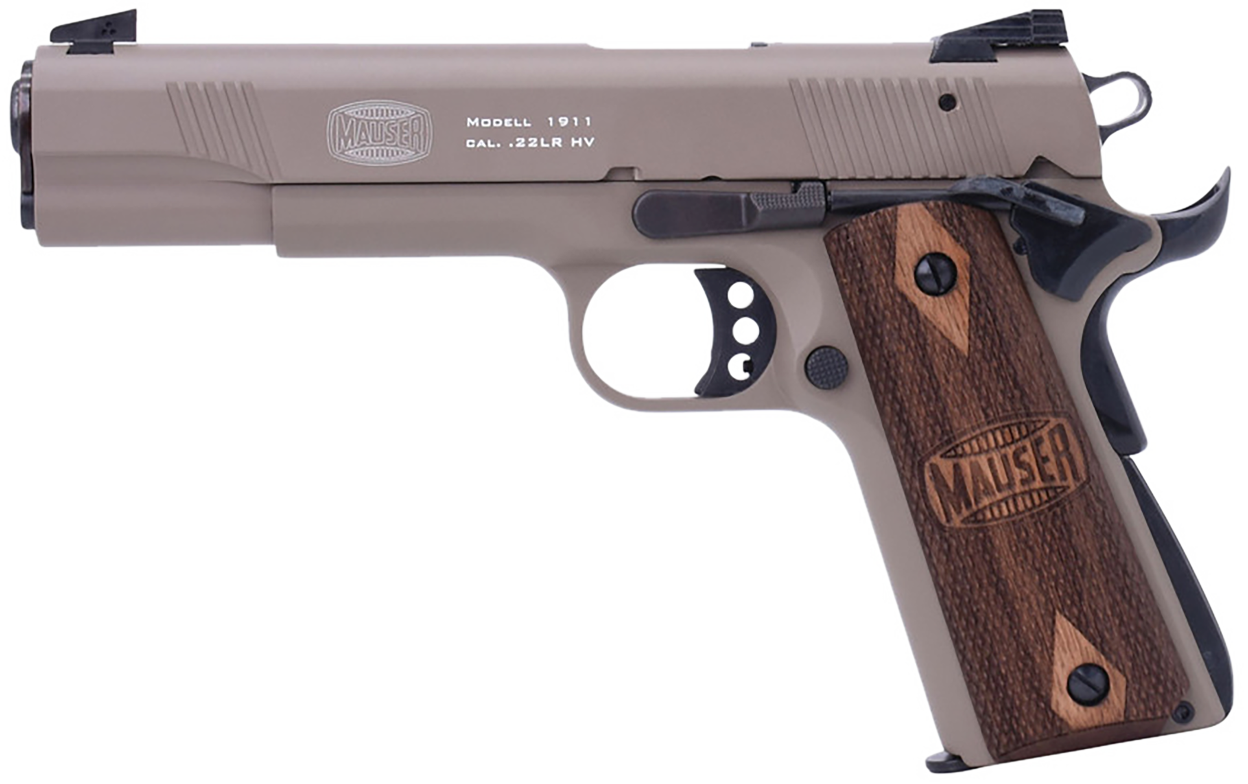 Mauser Rimfire 4110604 1911 22 LR 10+1 5" Black Steel Barrel, Tan Serrated Aluminum Slide, Tan Aluminum Frame w/Beavertail, Walnut Grip, Ambidextrous