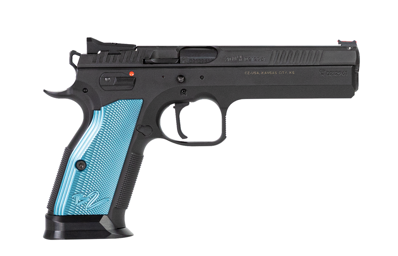 CZ-USA 91220 TS 2  9mm Luger 20+1 5.28" Blued Steel Barrel, Black Serrated Steel Slide, Black Polycoat Steel Frame w/Beavertail, Blue Checkered Aluminum Grip, Ambidextrous