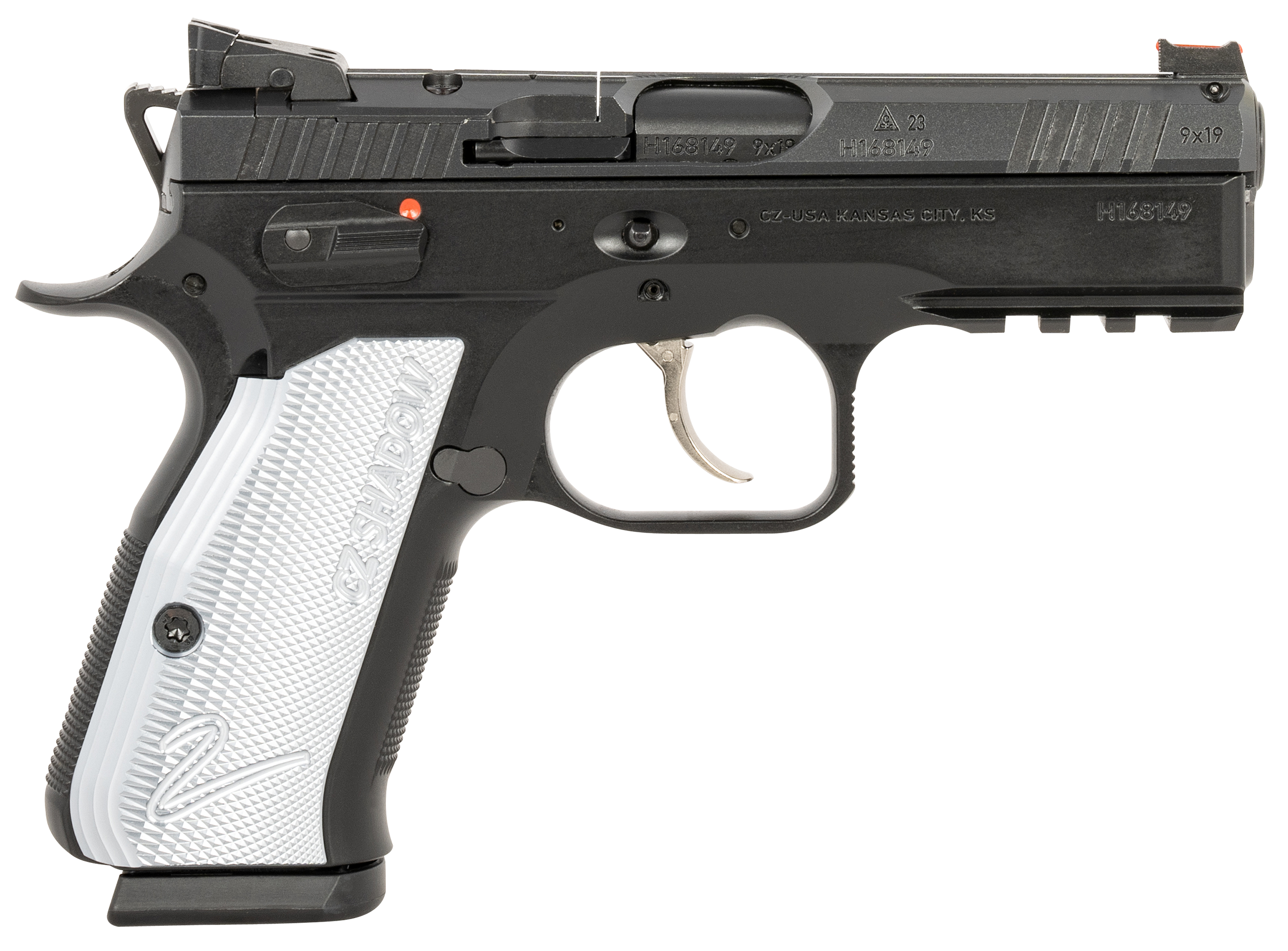 CZ-USA 91252 Shadow 2 Compact Frame 9mm Luger 15+1, 4" Black Steel Barrel, Black Nitride Serrated Steel Slide, Black Steel Frame w/Beavertail & Picatinny Rail, Ambidextrous