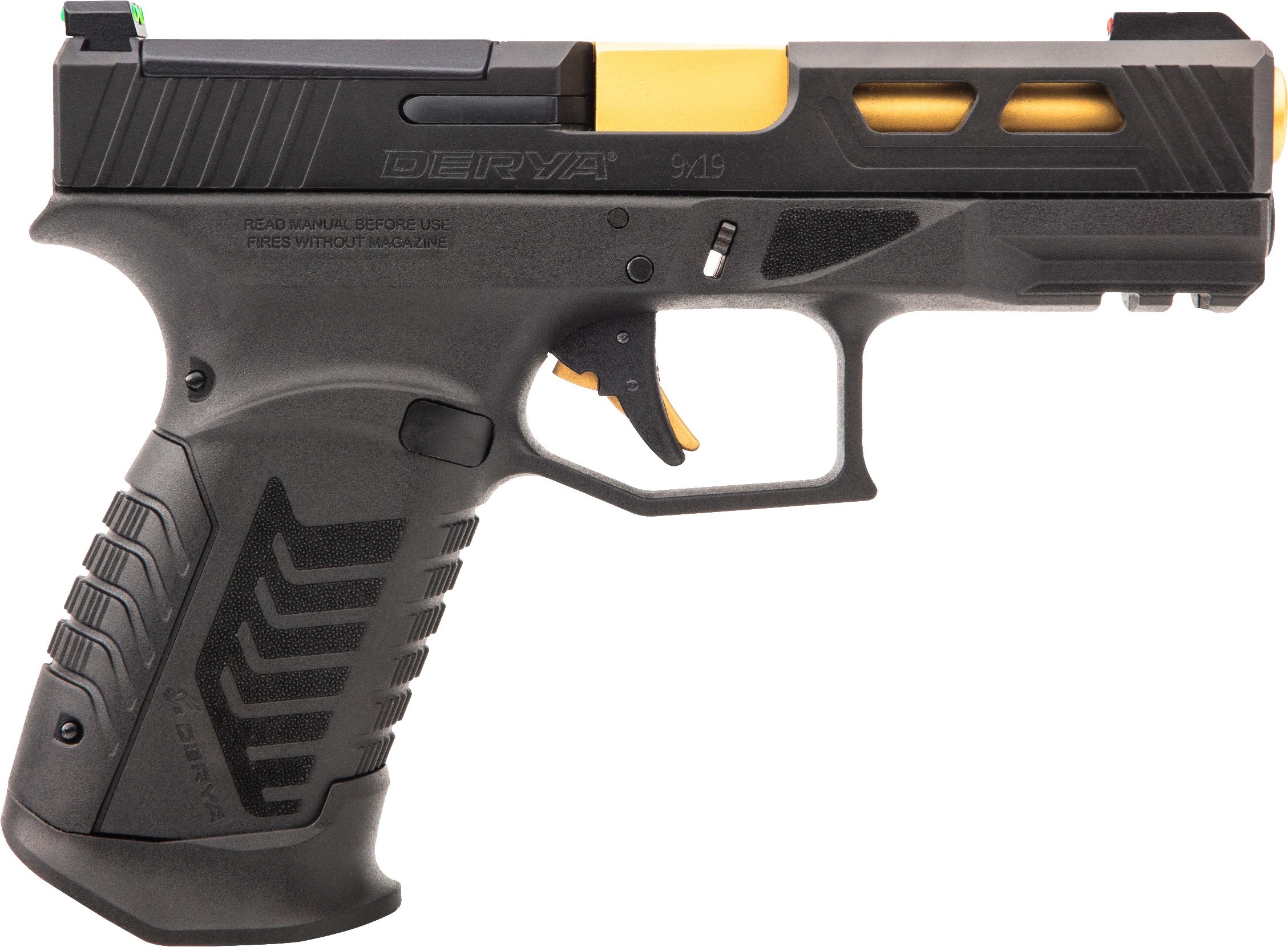 Derya Firearms DY9GUS DY9  9mm Luger 15+1 4.02" Gold TiN Steel Barrel, Black Nitride Optics Ready/Serrated Alloy Steel Slide, Black Polymer Frame w/Accessory Rail, Black Interchangeable Backstrap Grip