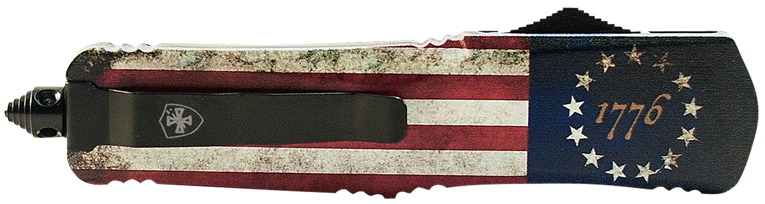 Templar Knife SBRF331 Gen II Betsy Ross Flag Small 2.69" OTF Drop Point Plain Black Oxide Stonewashed Black 440C SS Blade, 4.31" Betsy Ross Flag Aluminum Handle Glass Breaker