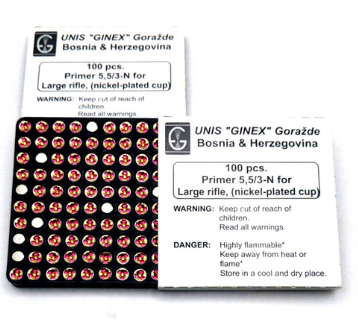UNIS GINEX LARGE RIFLE PRIMERS 100RD BOX 5000RD CASE (CASE)
